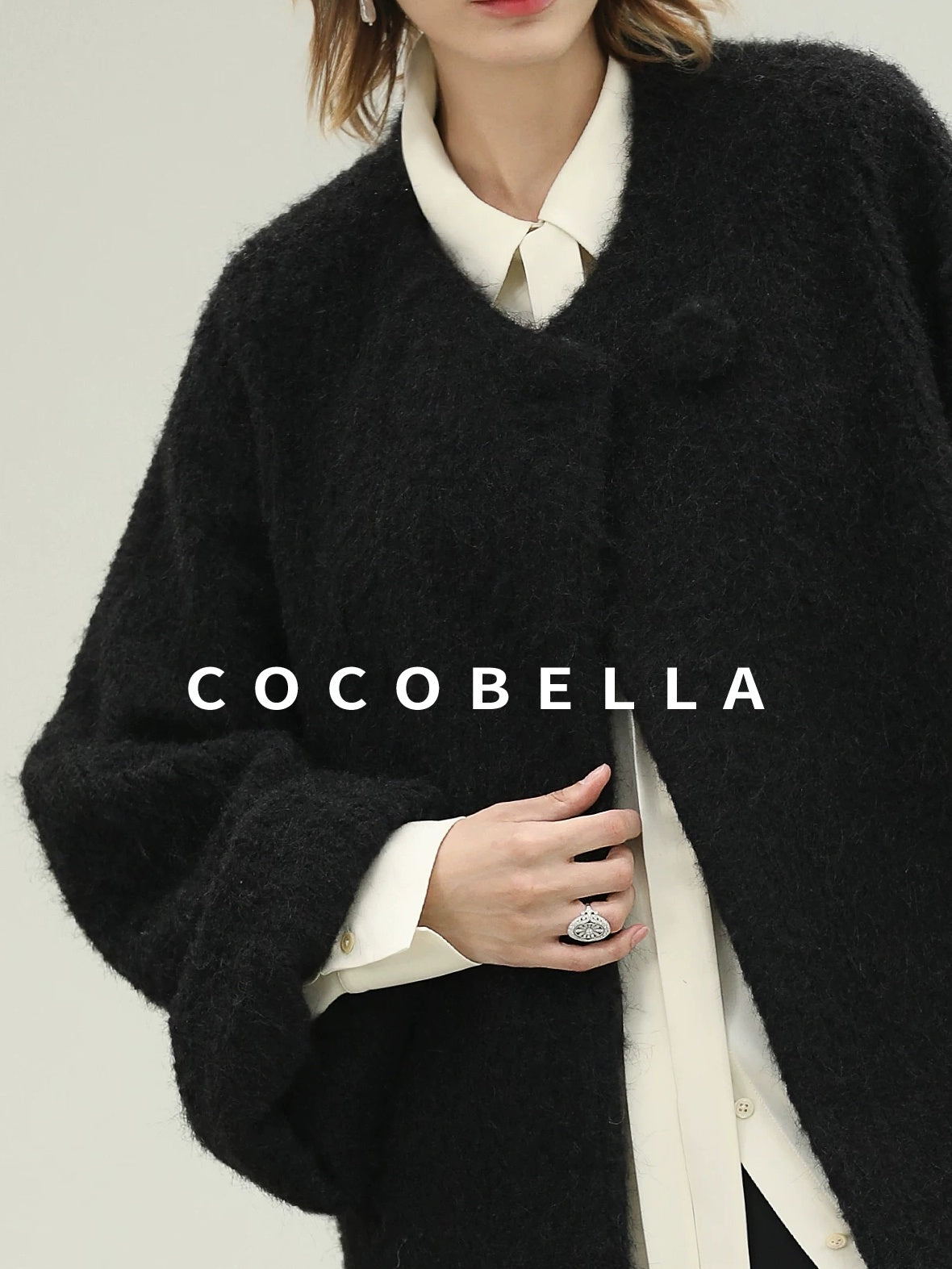 COCOBELLA Thick Relaxed Fit Pocketed Drop Shoulder Ladylike Office Black Overcoat Jackets