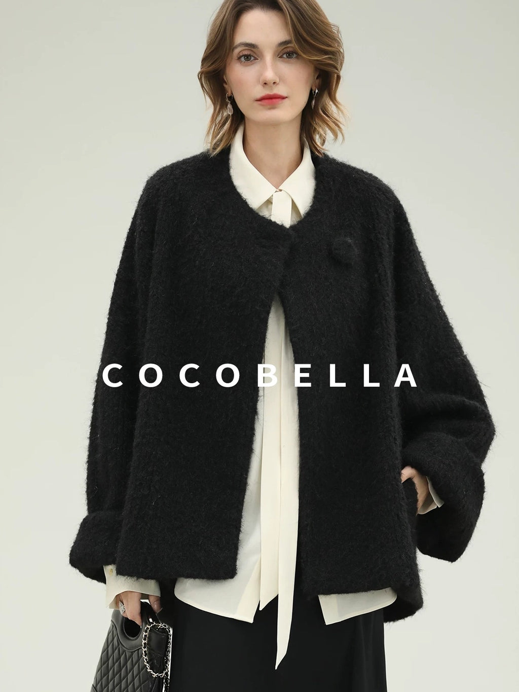 COCOBELLA Thick Relaxed Fit Pocketed Drop Shoulder Ladylike Office Black Overcoat Jackets