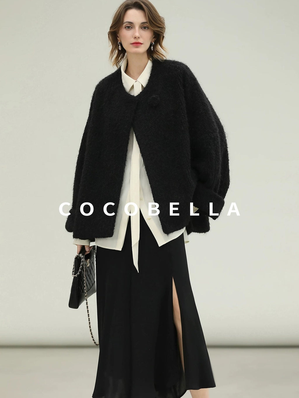 COCOBELLA Thick Relaxed Fit Pocketed Drop Shoulder Ladylike Office Black Overcoat Jackets