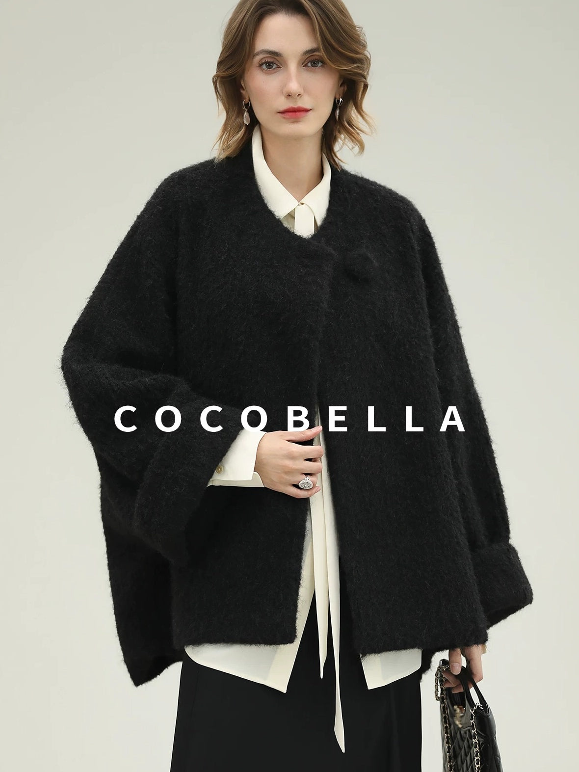 COCOBELLA Thick Relaxed Fit Pocketed Drop Shoulder Ladylike Office Black Overcoat Jackets