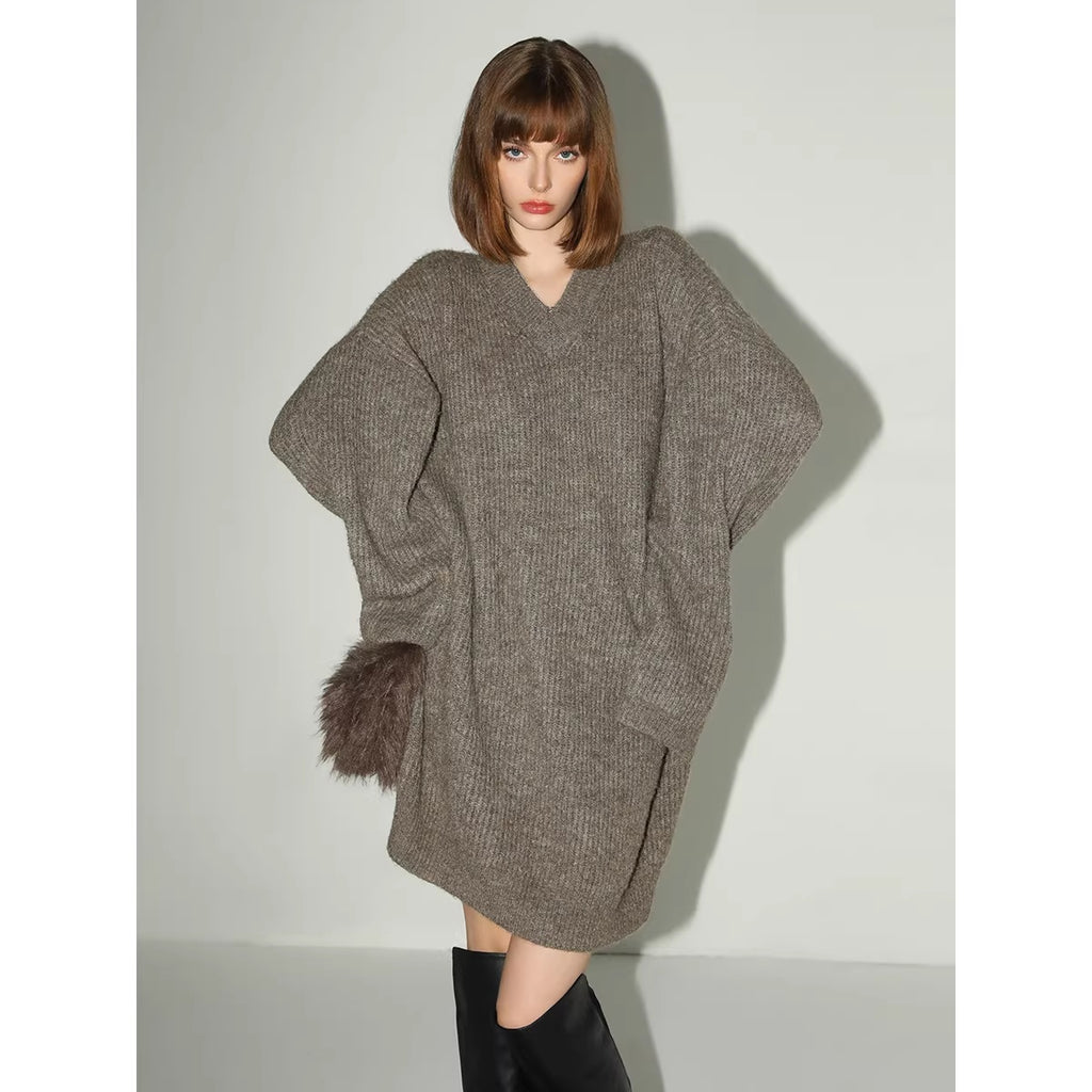 COCOBELLA_Thick_Ribbed_Slouchy_V_Neck_Long_Sleeve_O_Shape_Loose_Waist_Knit_Women_Dresses_MISSTT