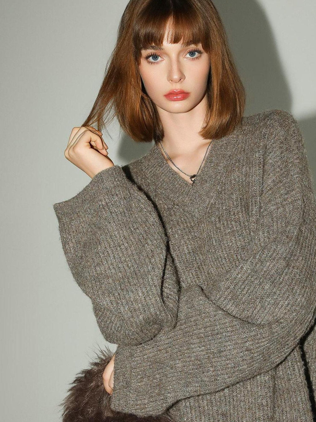 COCOBELLA Thick Ribbed Slouchy V Neck Long Sleeve O Shape Loose Waist Knit Women Dresses