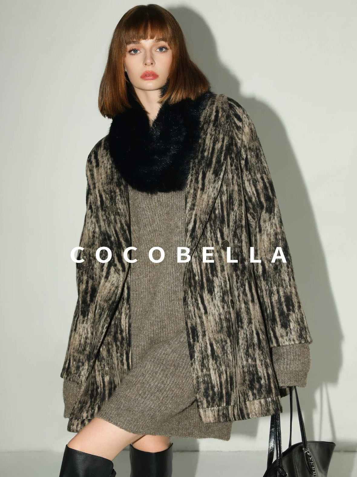 COCOBELLA Thick Ribbed Slouchy V Neck Long Sleeve O Shape Loose Waist Knit Women Dresses