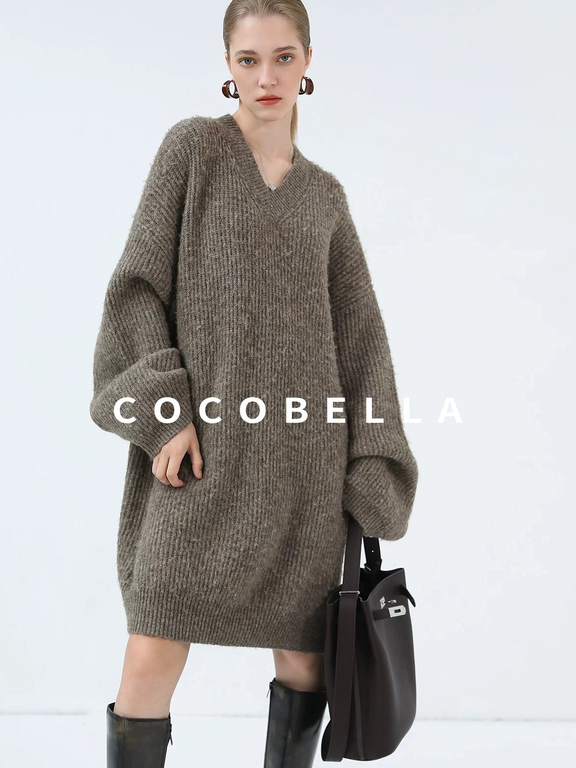 COCOBELLA Thick Ribbed Slouchy V Neck Long Sleeve O Shape Loose Waist Knit Women Dresses