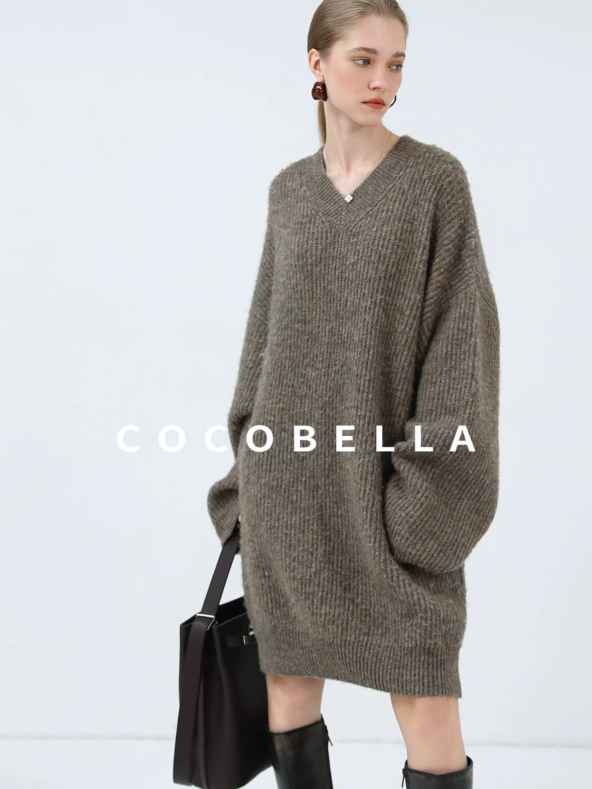 COCOBELLA Thick Ribbed Slouchy V Neck Long Sleeve O Shape Loose Waist Knit Women Dresses