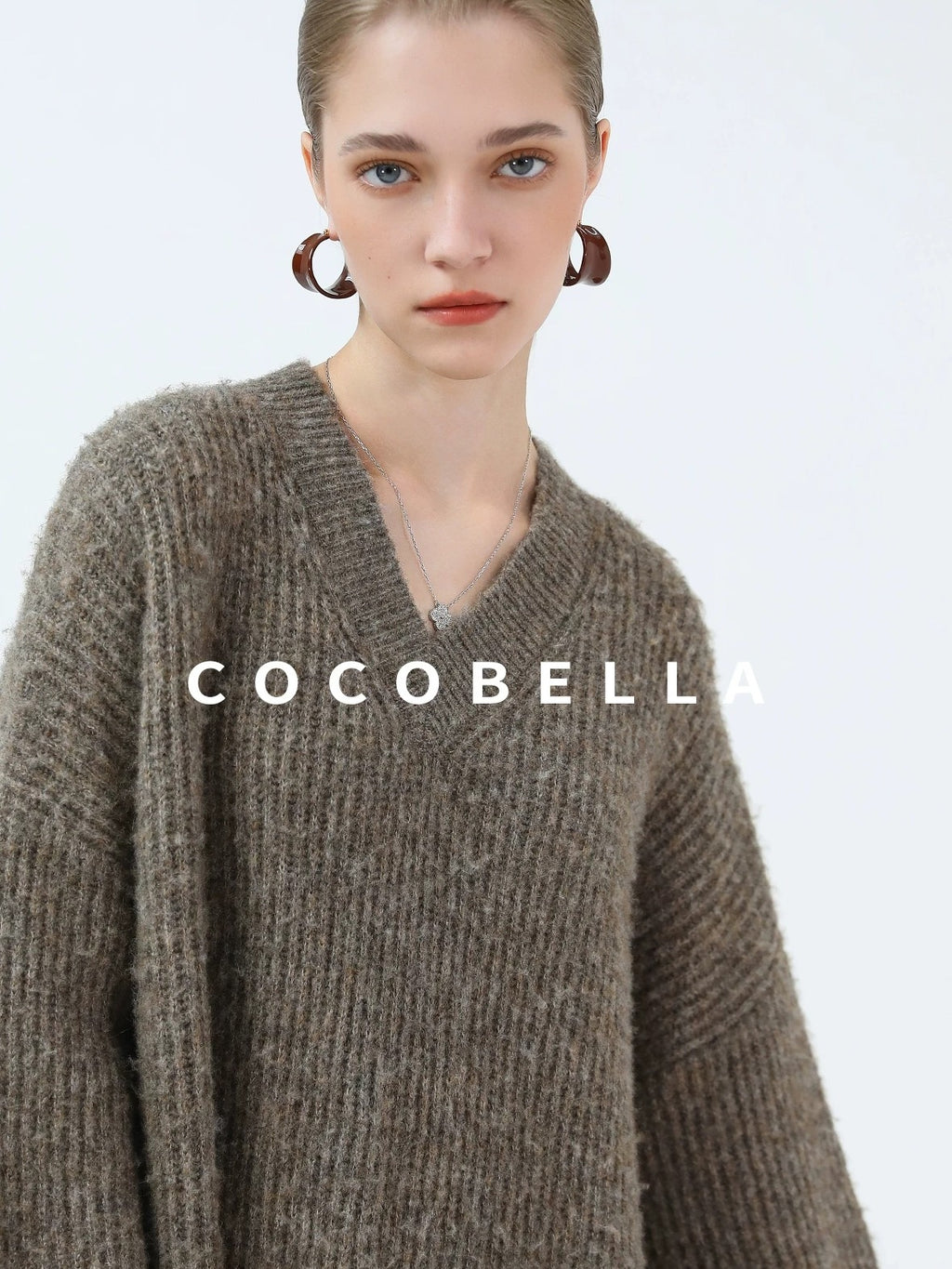 COCOBELLA Thick Ribbed Slouchy V Neck Long Sleeve O Shape Loose Waist Knit Women Dresses