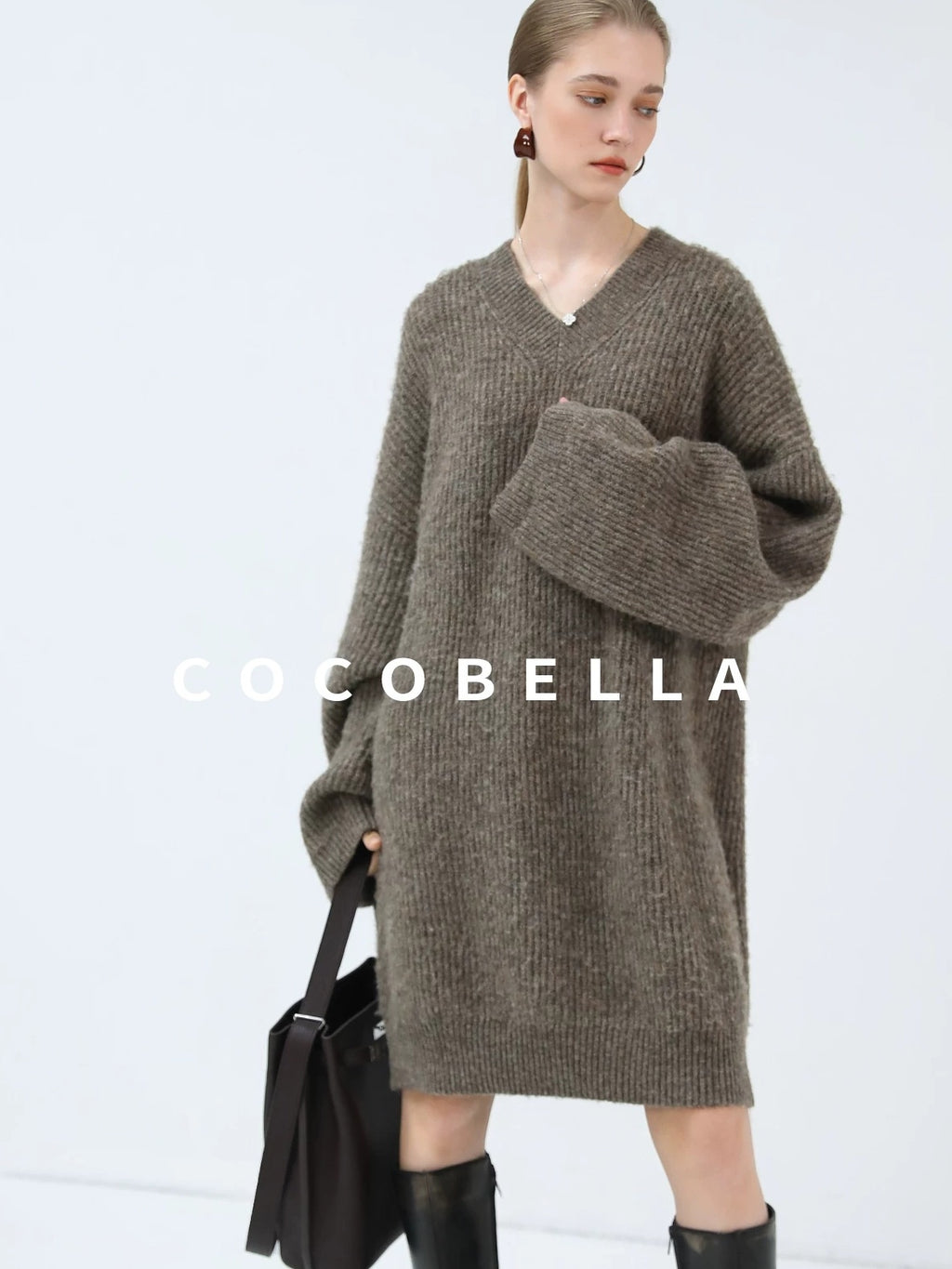COCOBELLA Thick Ribbed Slouchy V Neck Long Sleeve O Shape Loose Waist Knit Women Dresses
