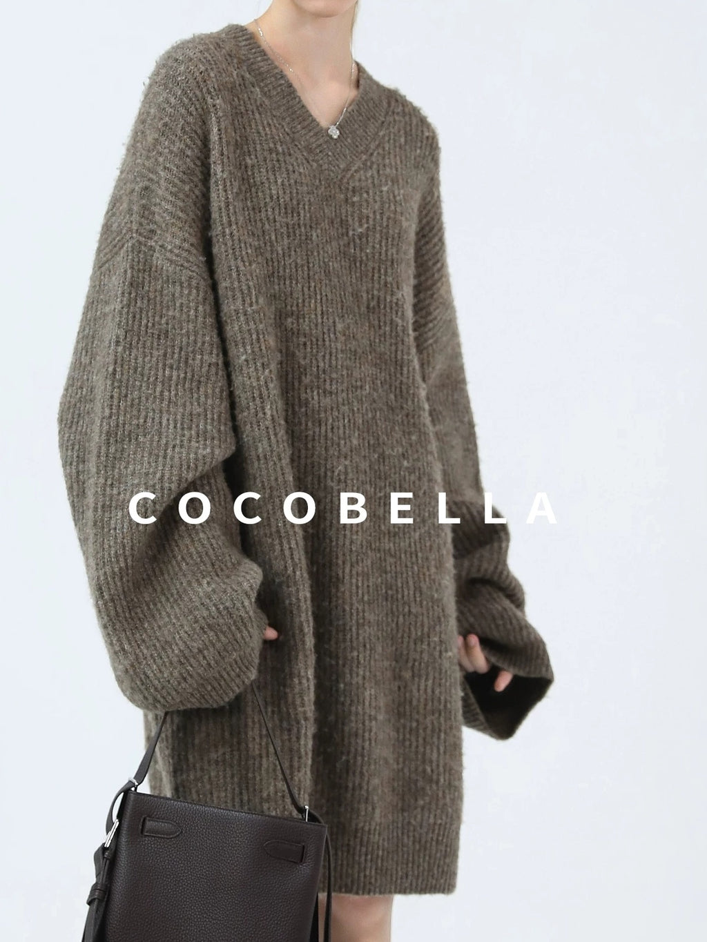 COCOBELLA Thick Ribbed Slouchy V Neck Long Sleeve O Shape Loose Waist Knit Women Dresses