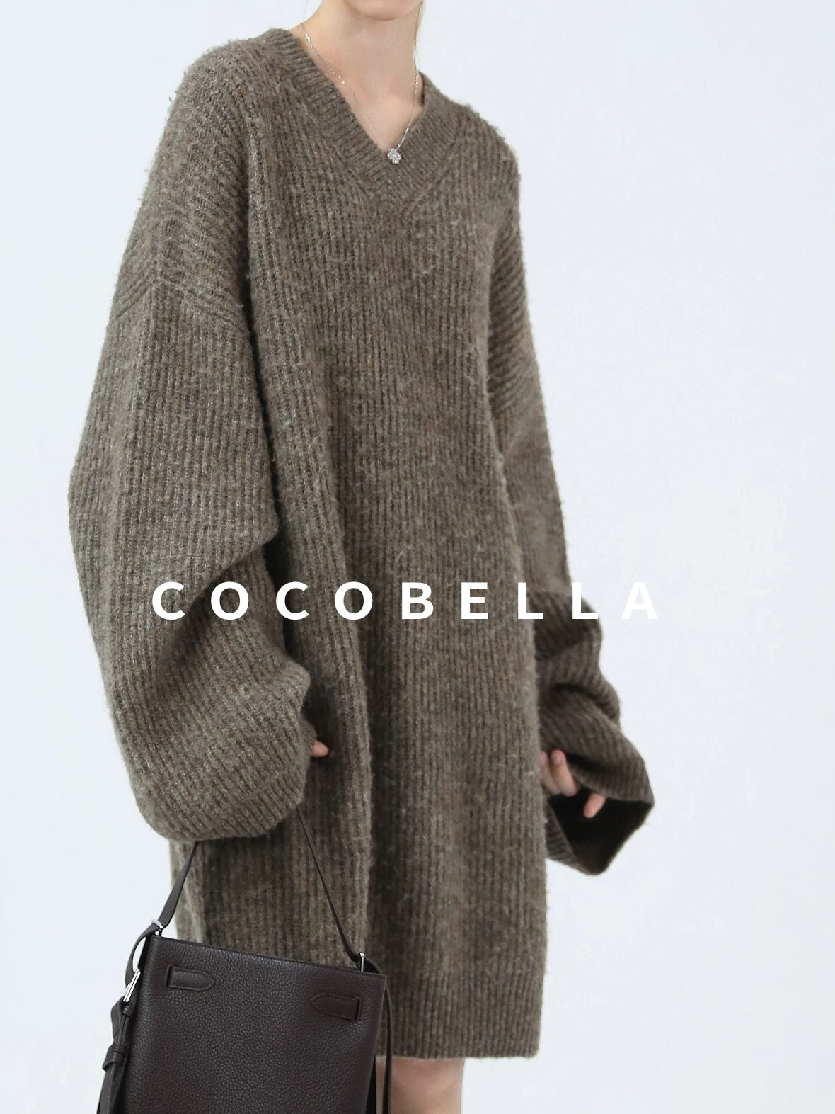 COCOBELLA Thick Ribbed Slouchy V Neck Long Sleeve O Shape Loose Waist Knit Women Dresses