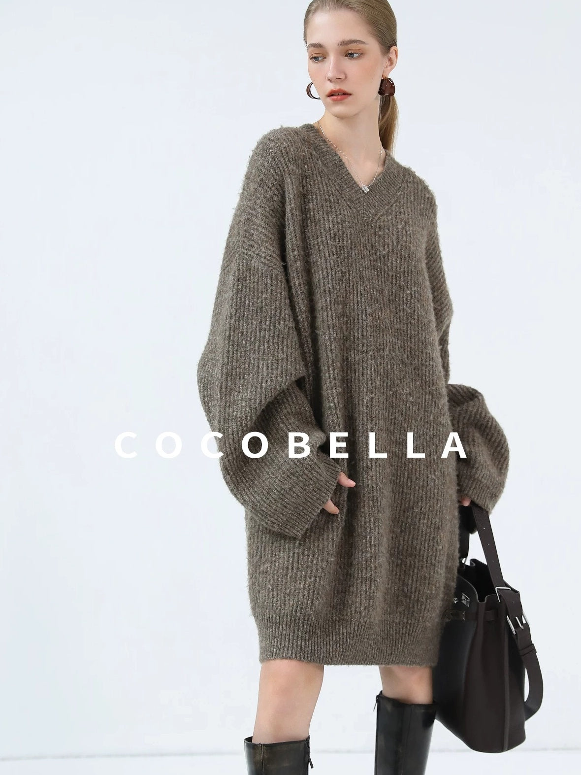 COCOBELLA Thick Ribbed Slouchy V Neck Long Sleeve O Shape Loose Waist Knit Women Dresses
