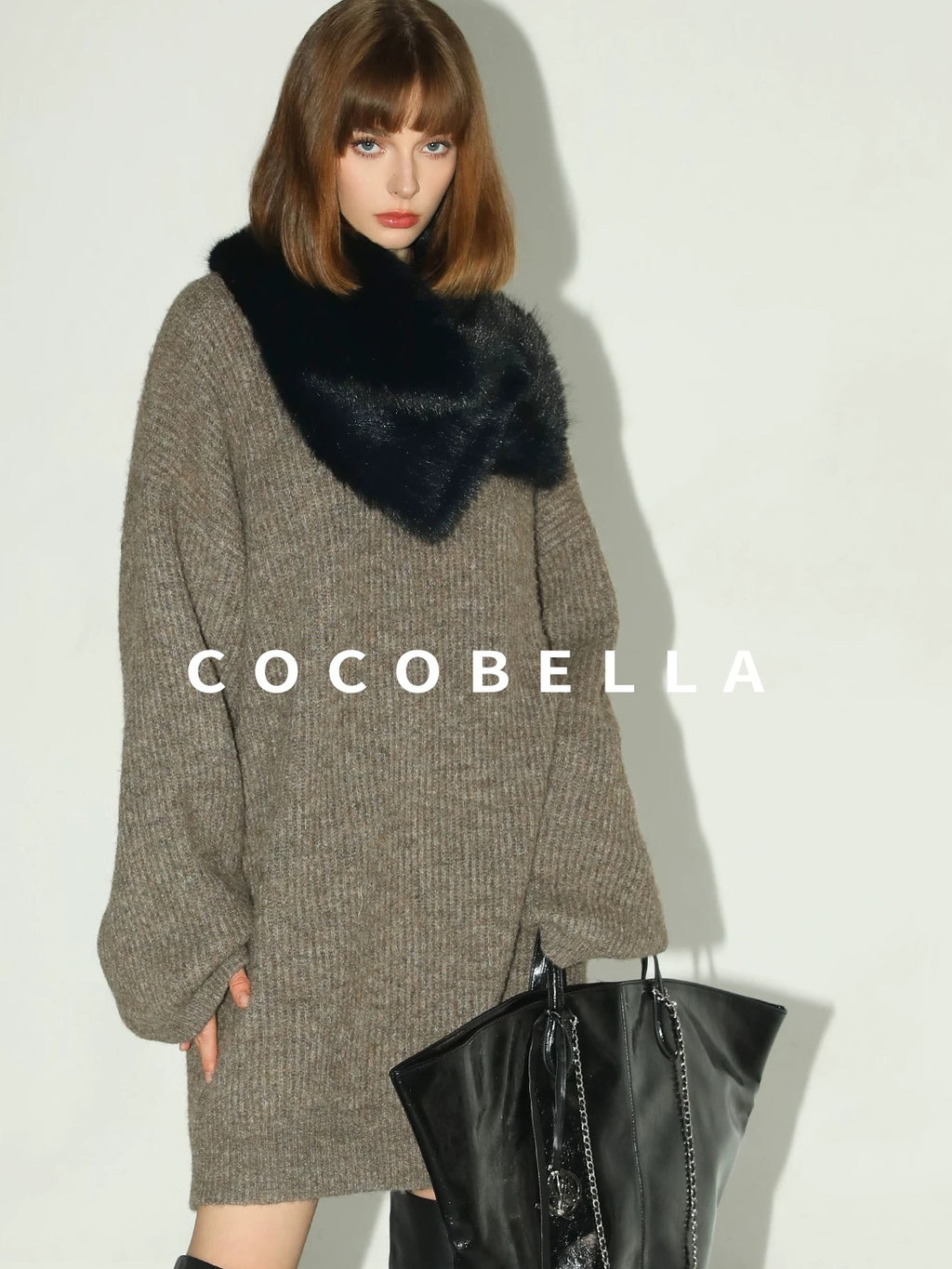 COCOBELLA Thick Ribbed Slouchy V Neck Long Sleeve O Shape Loose Waist Knit Women Dresses