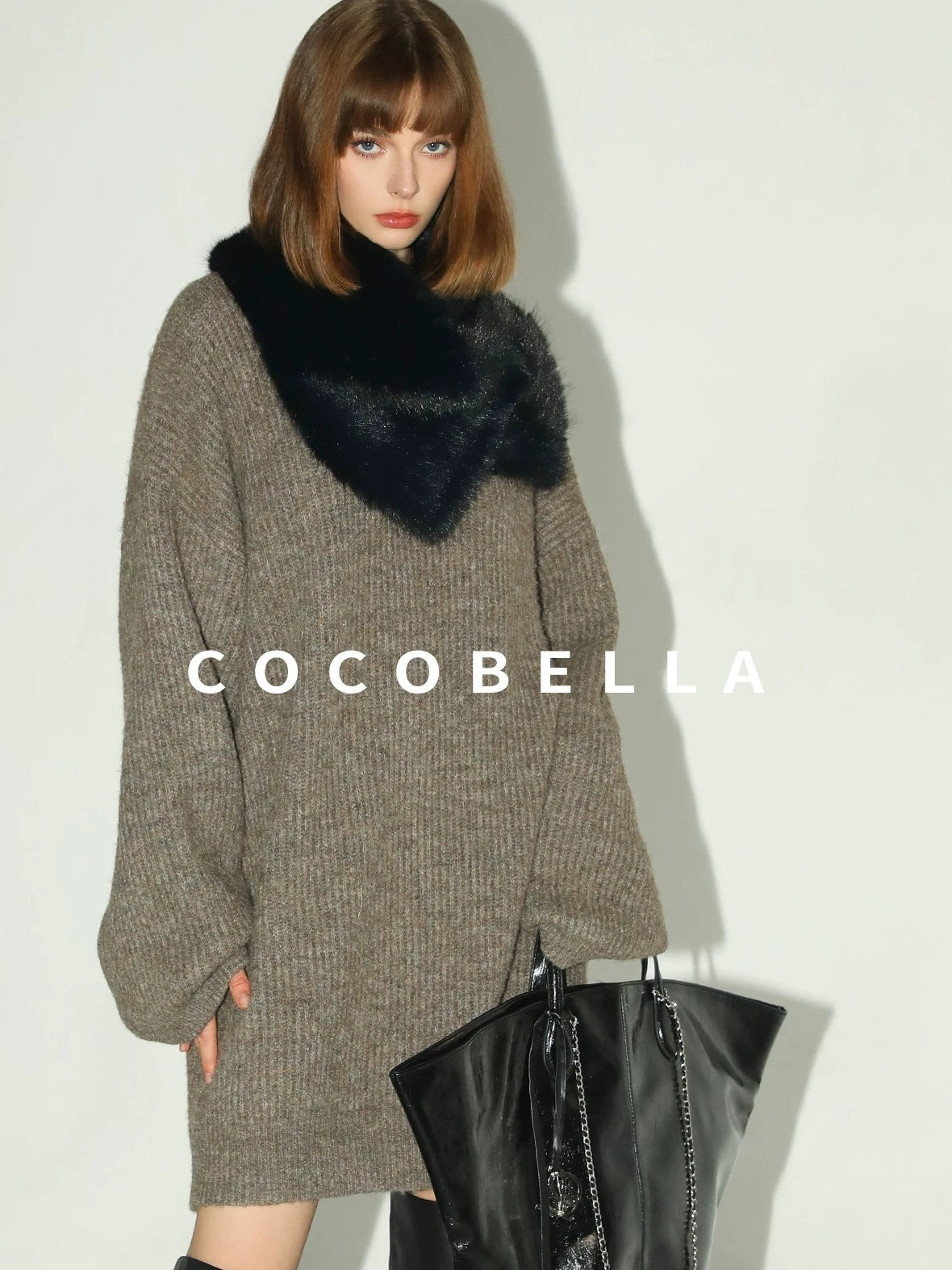 COCOBELLA Thick Ribbed Slouchy V Neck Long Sleeve O Shape Loose Waist Knit Women Dresses