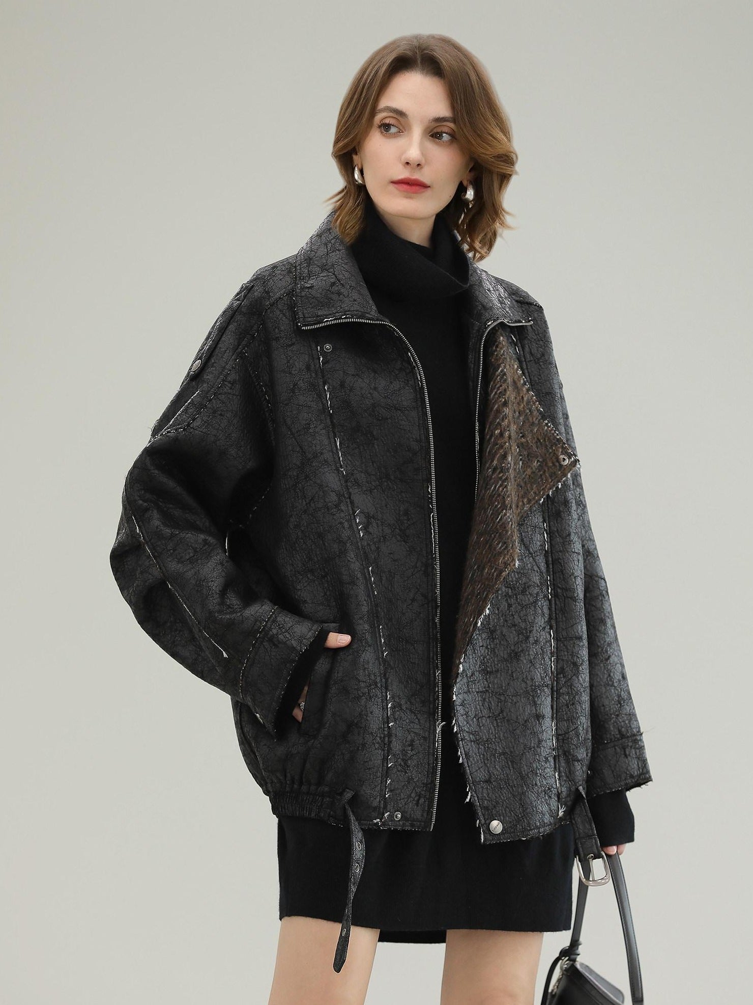 COCOBELLA Thick Warm Pu Leather Patchwork Loose Mid Length Street Zip Lapel Black Jackets