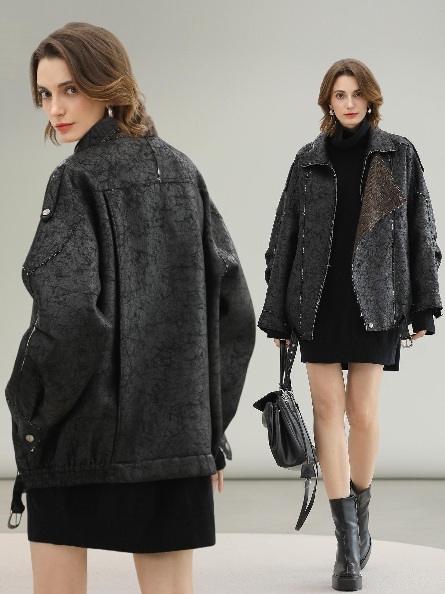 COCOBELLA Thick Warm Pu Leather Patchwork Loose Mid Length Street Zip Lapel Black Jackets