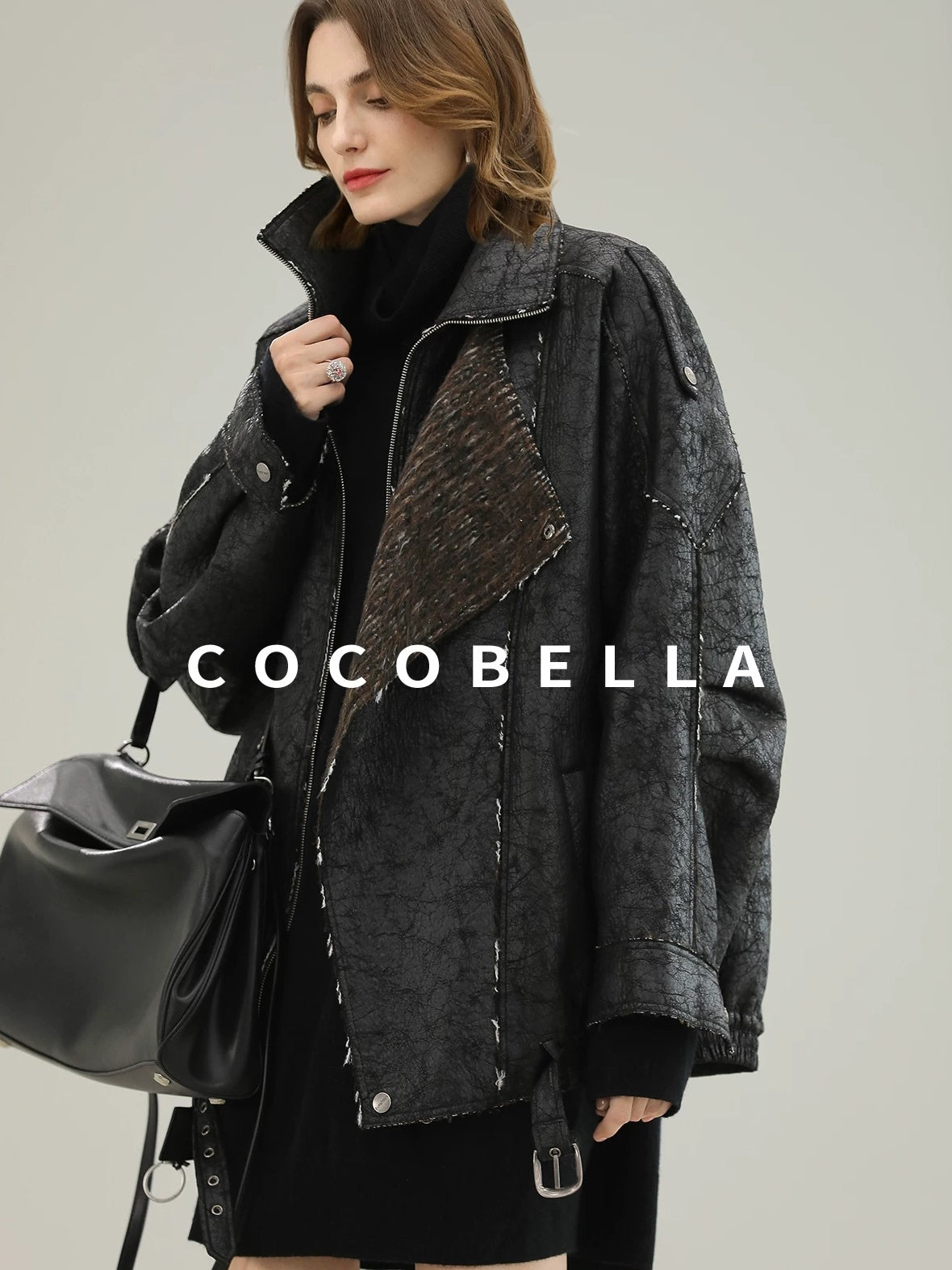 COCOBELLA Thick Warm Pu Leather Patchwork Loose Mid Length Street Zip Lapel Black Jackets