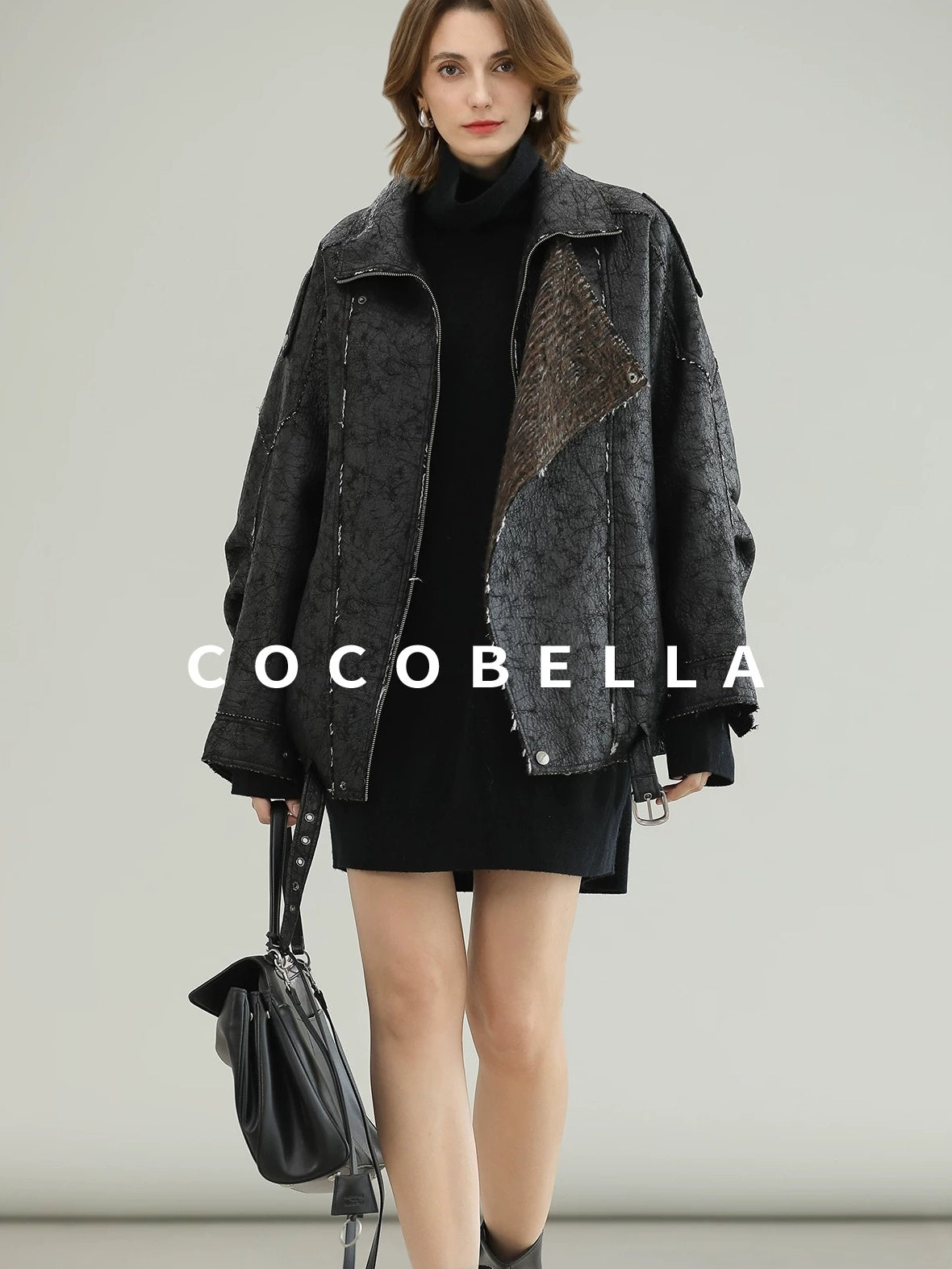 COCOBELLA Thick Warm Pu Leather Patchwork Loose Mid Length Street Zip Lapel Black Jackets