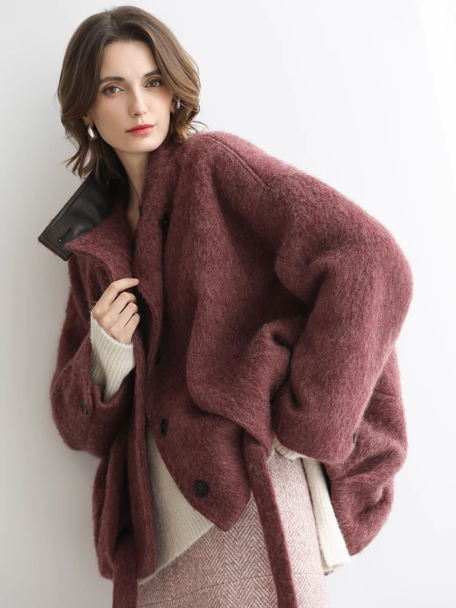 COCOBELLA_Thick_Wool_Blend_Belted_Stand_Collar_Loose_Ol_Office_Women_Berry_Red_Jackets_MISSTT