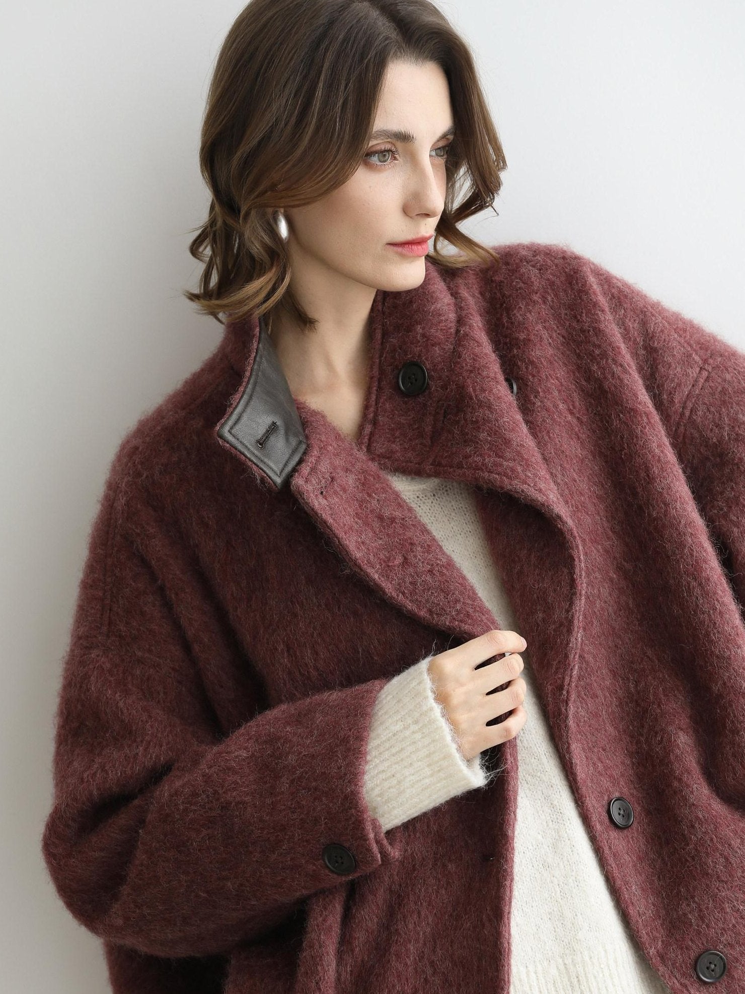 COCOBELLA Thick Wool Blend Belted Stand Collar Loose Ol Office Women Berry Red Jackets