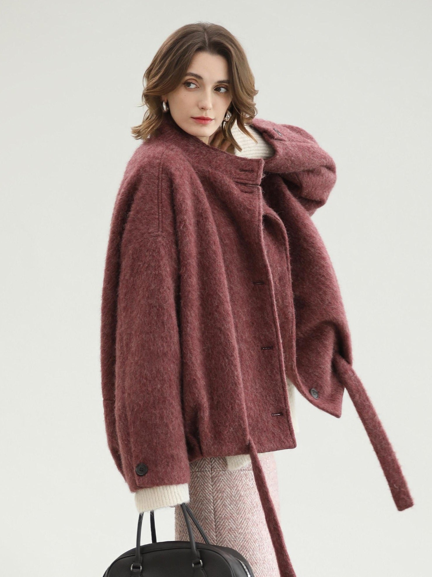 COCOBELLA Thick Wool Blend Belted Stand Collar Loose Ol Office Women Berry Red Jackets