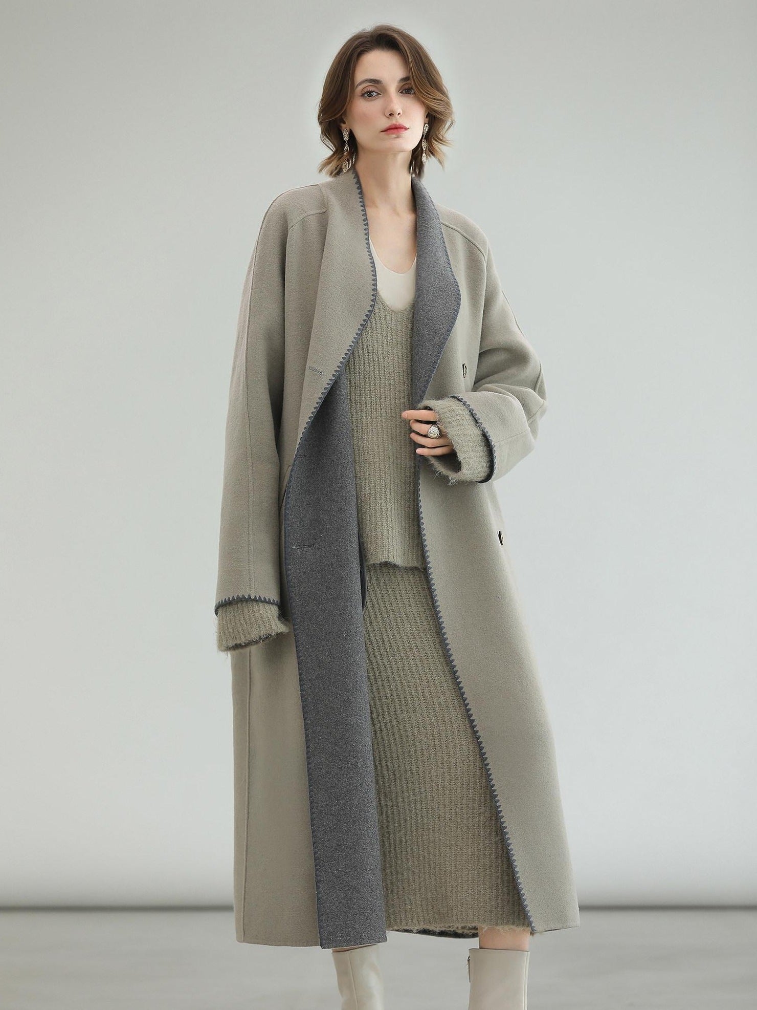 COCOBELLA Thick Wool Blend Double Breasted Long Lapel 3D Tailored Office Coats