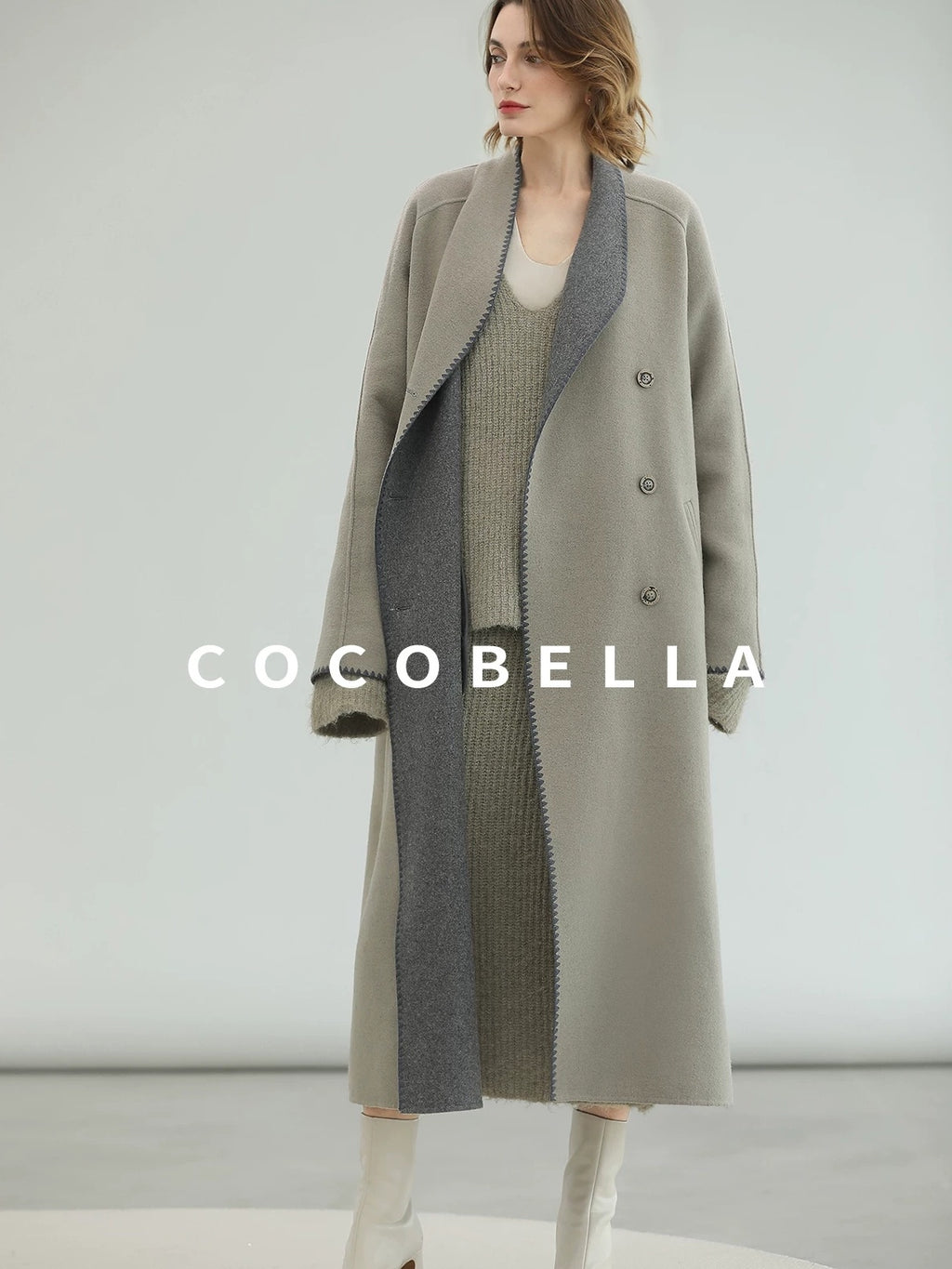 COCOBELLA Thick Wool Blend Double Breasted Long Lapel 3D Tailored Office Coats