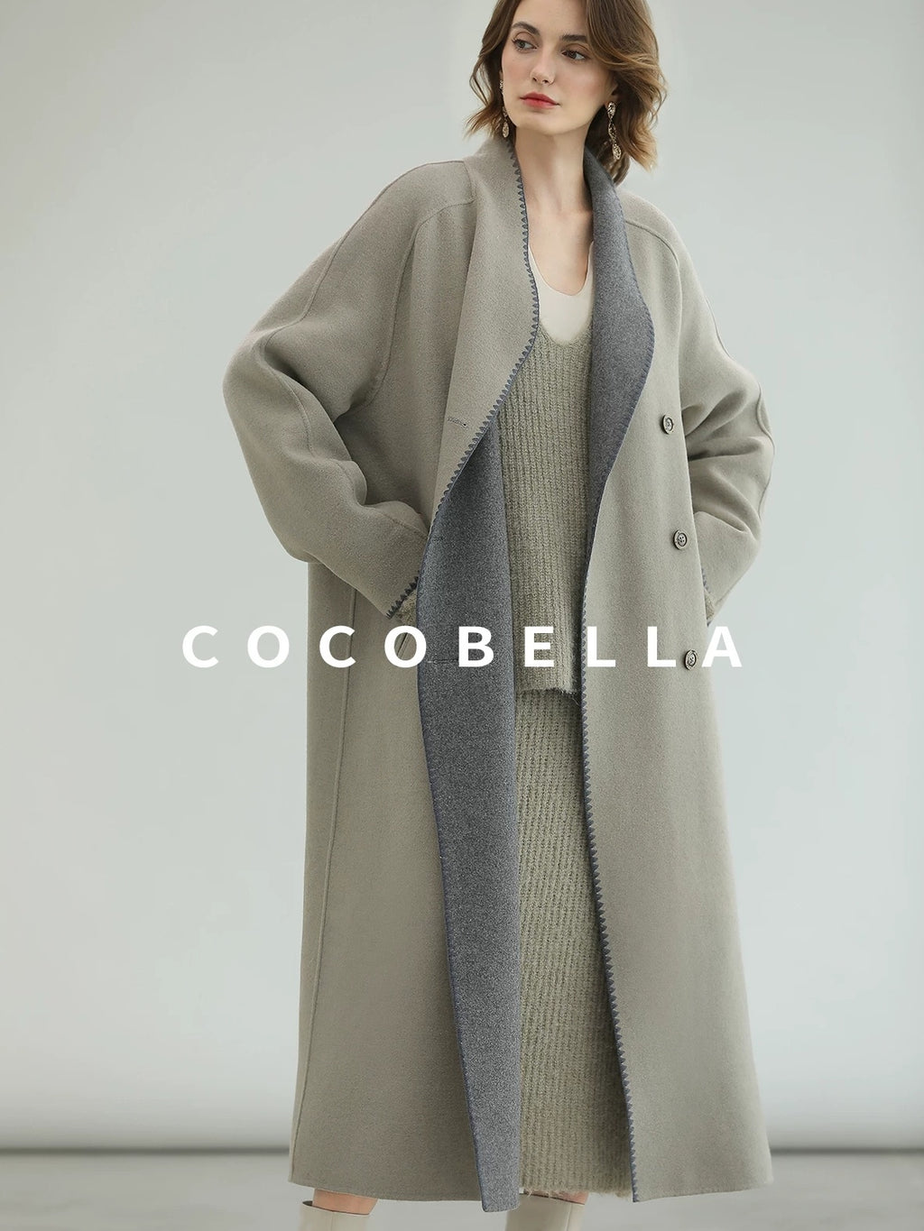 COCOBELLA Thick Wool Blend Double Breasted Long Lapel 3D Tailored Office Coats