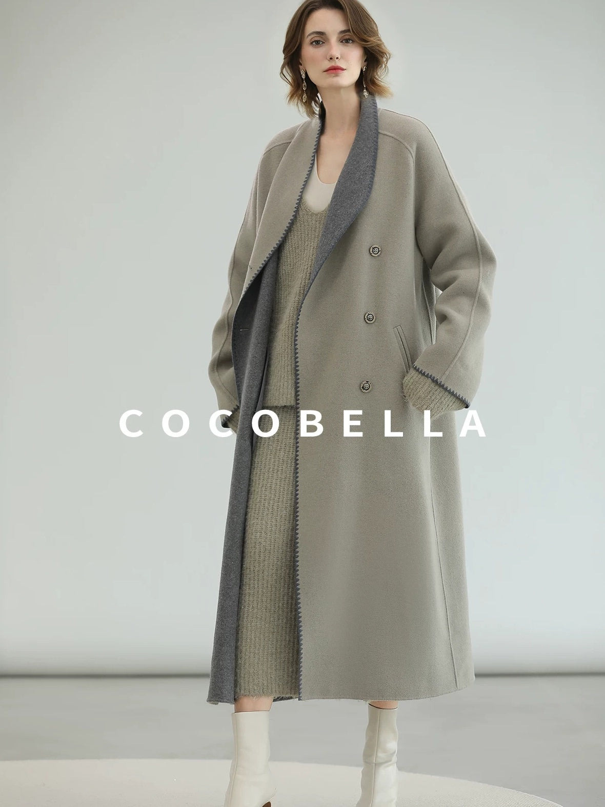COCOBELLA Thick Wool Blend Double Breasted Long Lapel 3D Tailored Office Coats