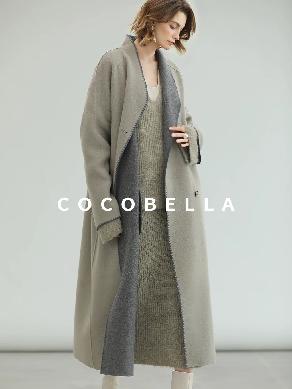 COCOBELLA Thick Wool Blend Double Breasted Long Lapel 3D Tailored Office Coats