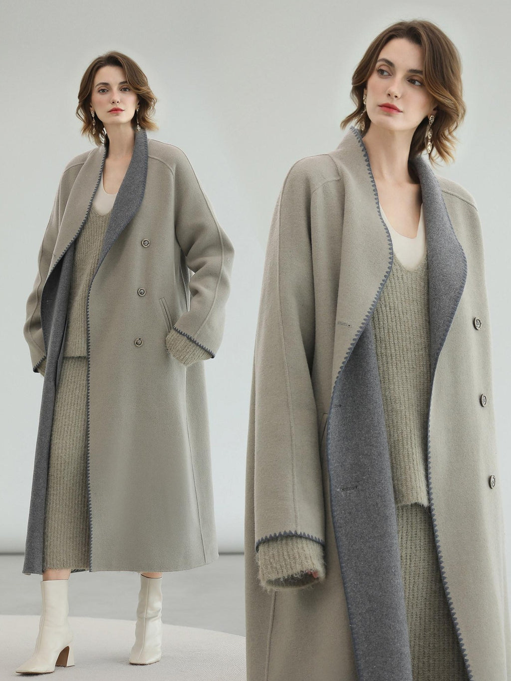 COCOBELLA Thick Wool Blend Double Breasted Long Lapel 3D Tailored Office Coats