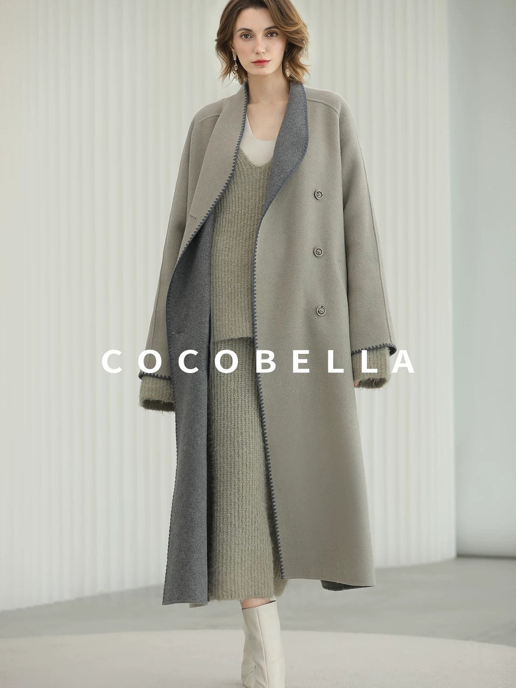 COCOBELLA Thick Wool Blend Double Breasted Long Lapel 3D Tailored Office Coats