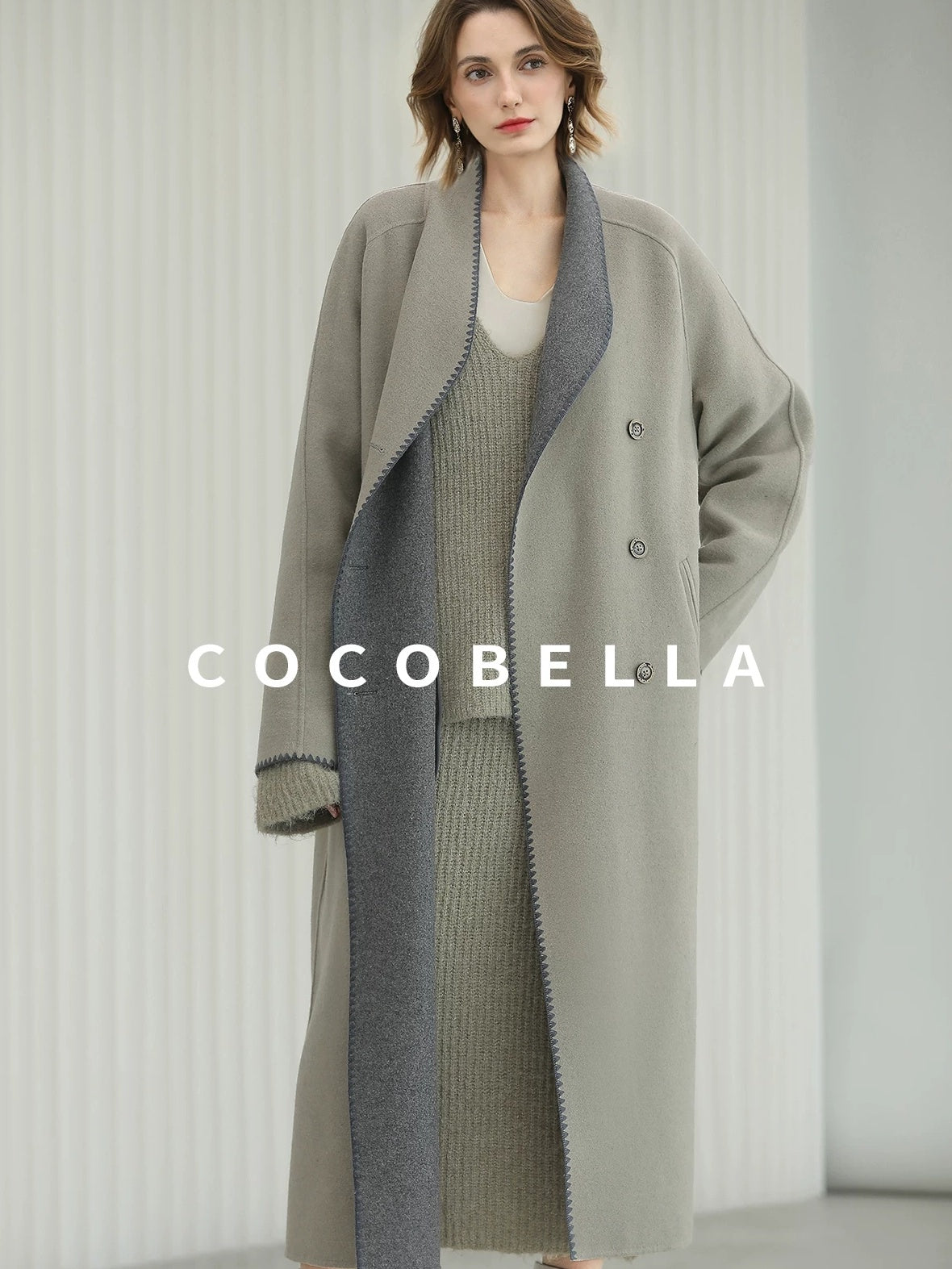 COCOBELLA Thick Wool Blend Double Breasted Long Lapel 3D Tailored Office Coats