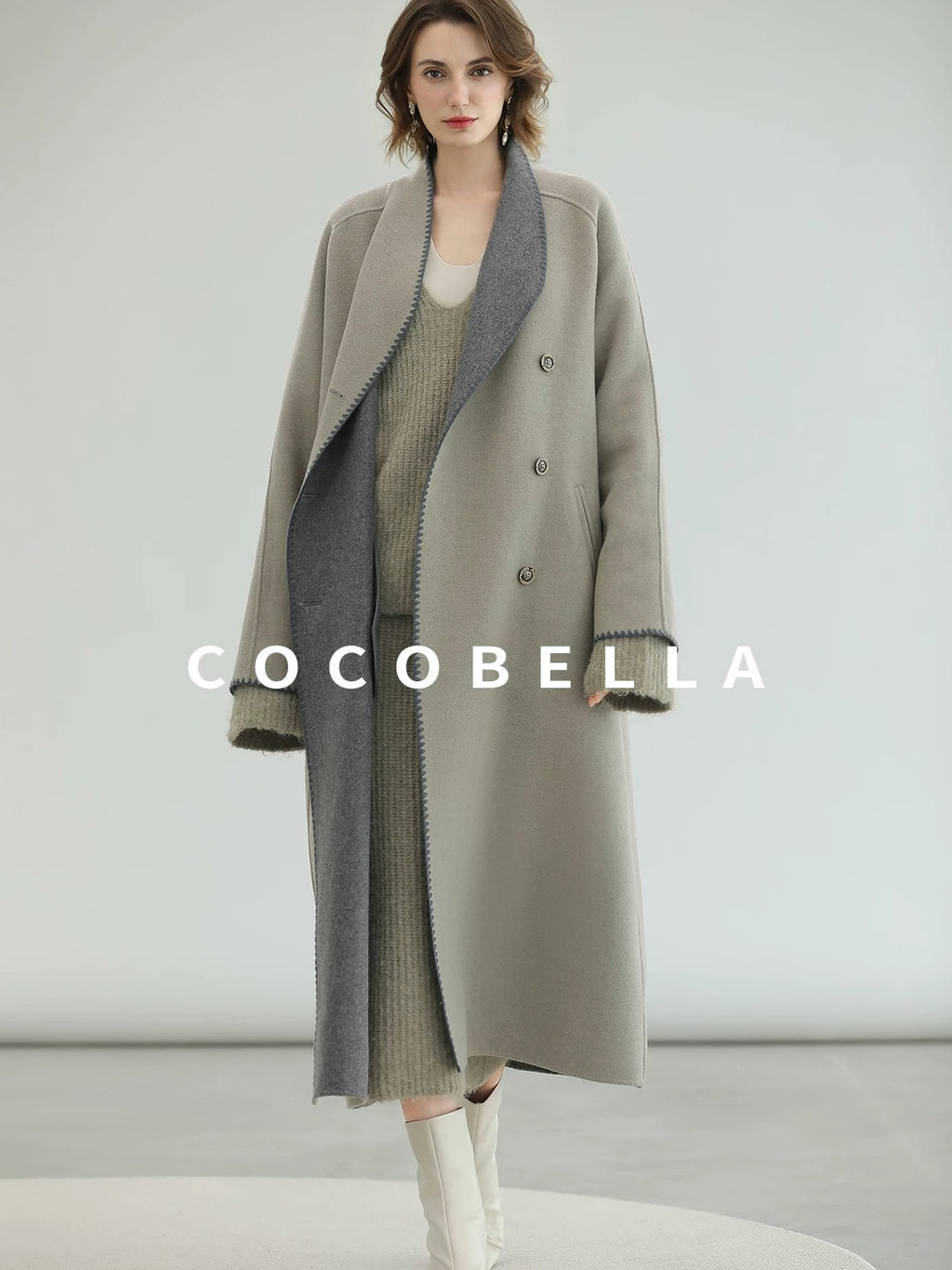 COCOBELLA Thick Wool Blend Double Breasted Long Lapel 3D Tailored Office Coats