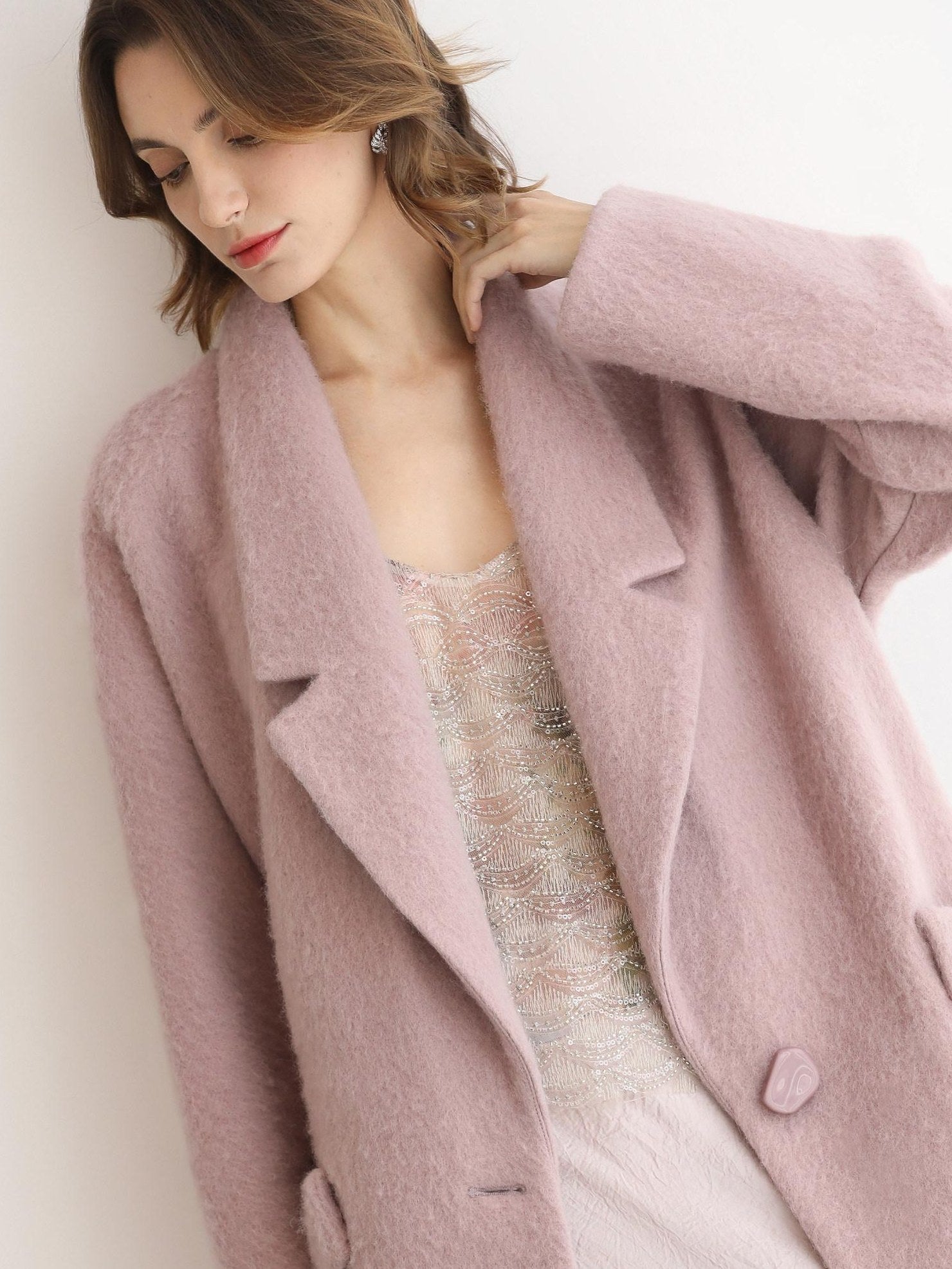 COCOBELLA Thick Wool Blend Mid Length Belted Single Button Loose Tailored Office Coats