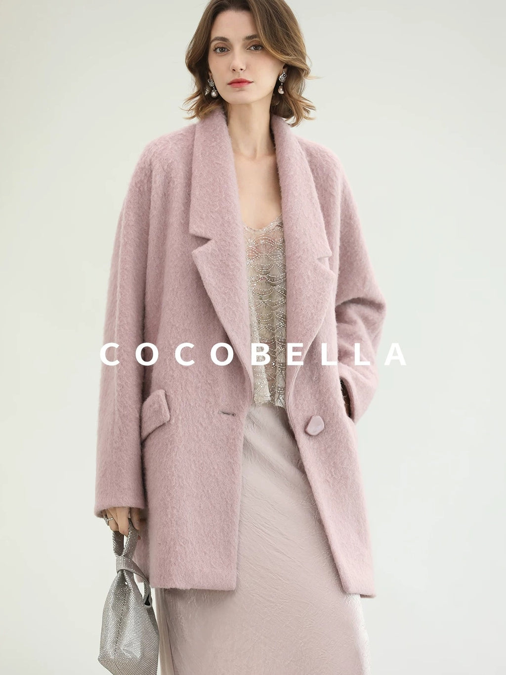 COCOBELLA Thick Wool Blend Mid Length Belted Single Button Loose Tailored Office Coats