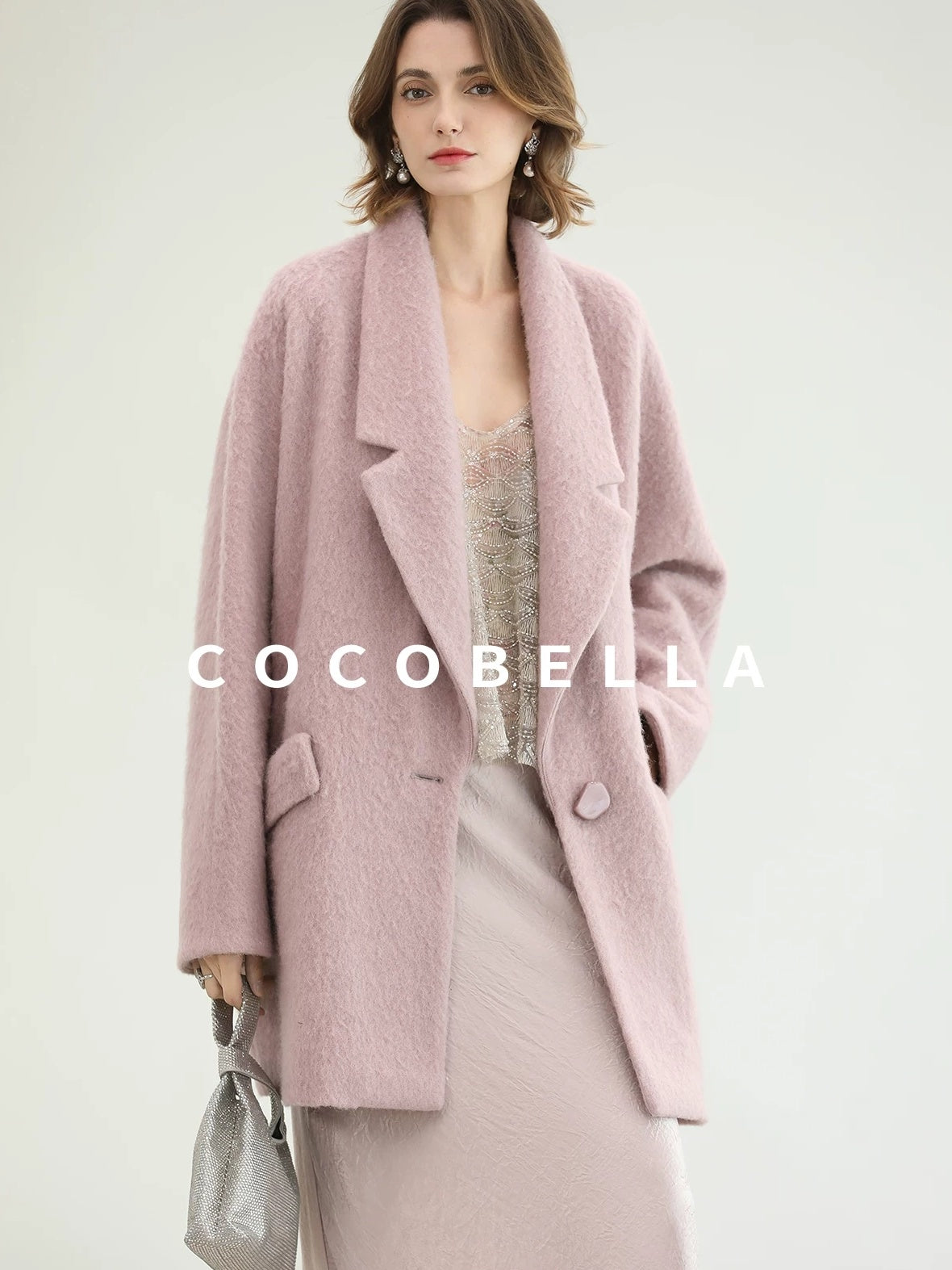COCOBELLA Thick Wool Blend Mid Length Belted Single Button Loose Tailored Office Coats