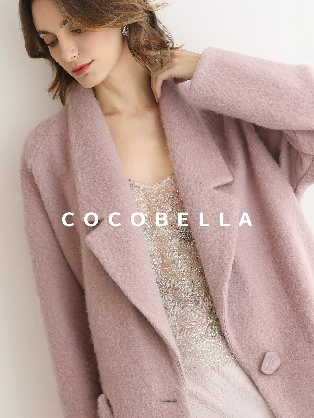 COCOBELLA Thick Wool Blend Mid Length Belted Single Button Loose Tailored Office Coats