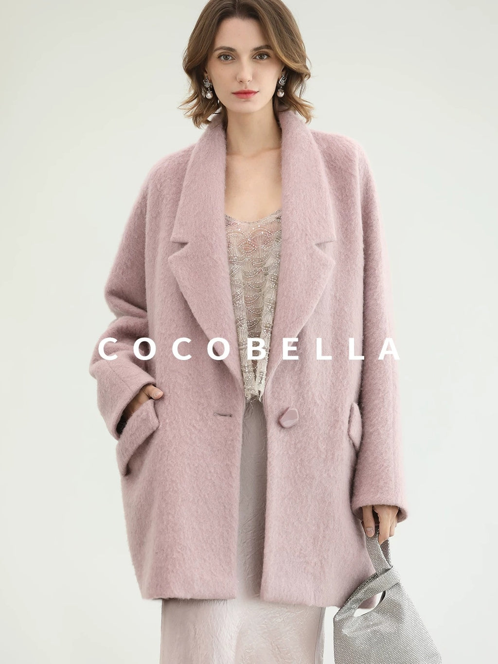 COCOBELLA Thick Wool Blend Mid Length Belted Single Button Loose Tailored Office Coats