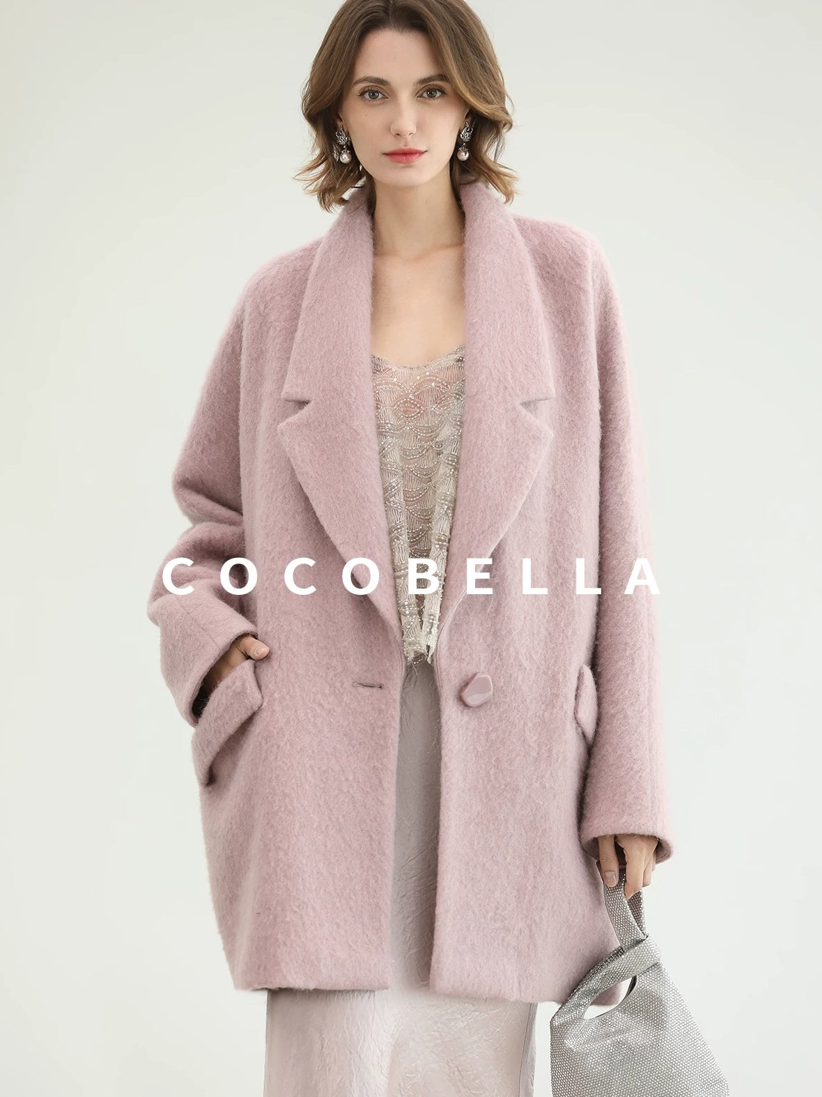 COCOBELLA Thick Wool Blend Mid Length Belted Single Button Loose Tailored Office Coats