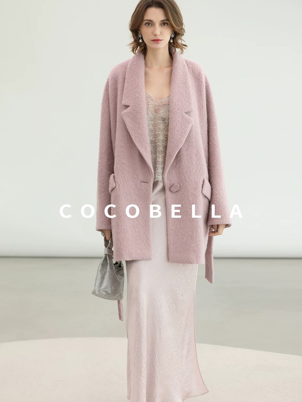 COCOBELLA Thick Wool Blend Mid Length Belted Single Button Loose Tailored Office Coats