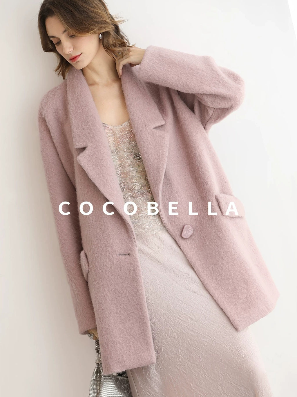 COCOBELLA Thick Wool Blend Mid Length Belted Single Button Loose Tailored Office Coats