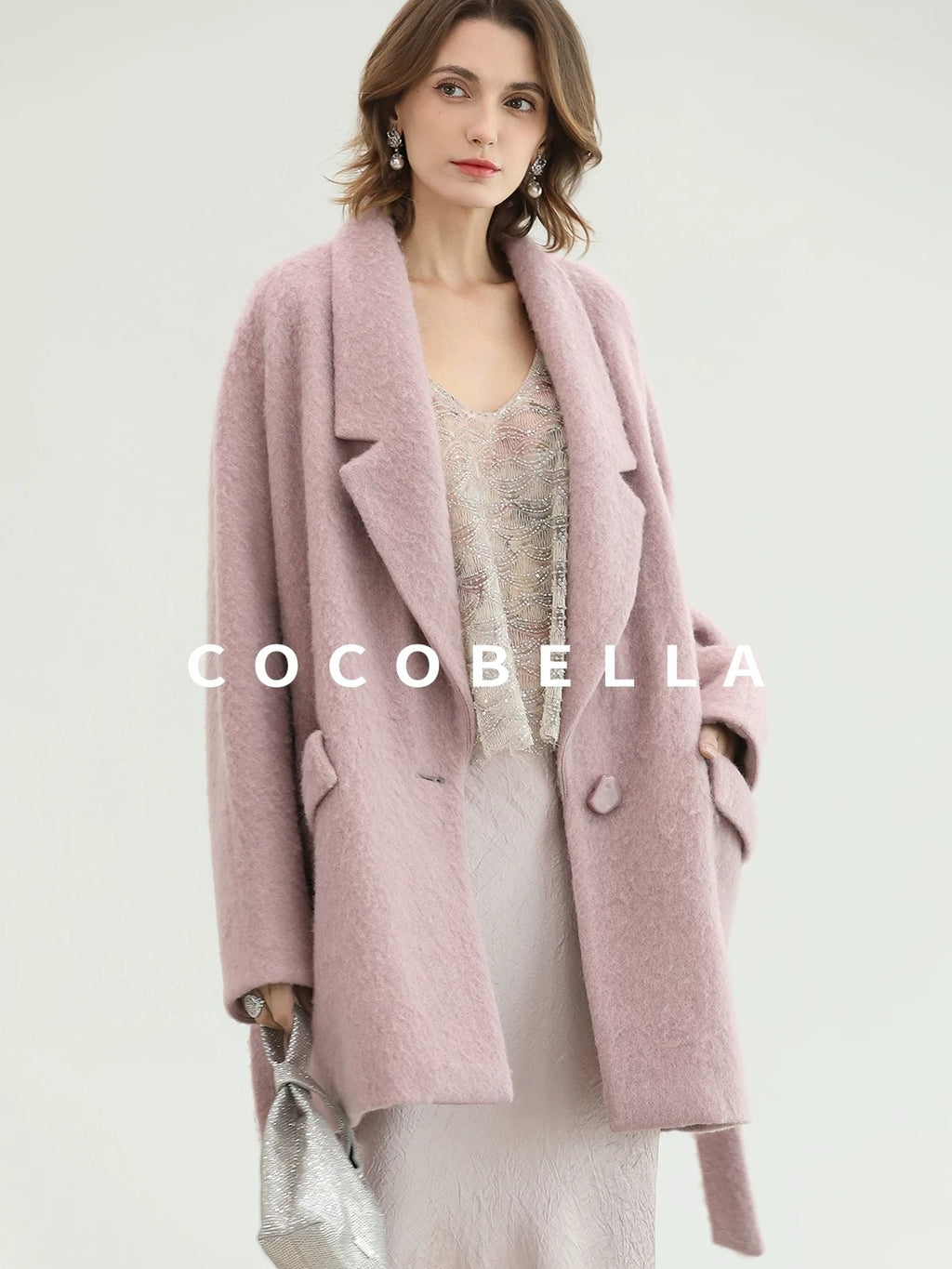 COCOBELLA Thick Wool Blend Mid Length Belted Single Button Loose Tailored Office Coats