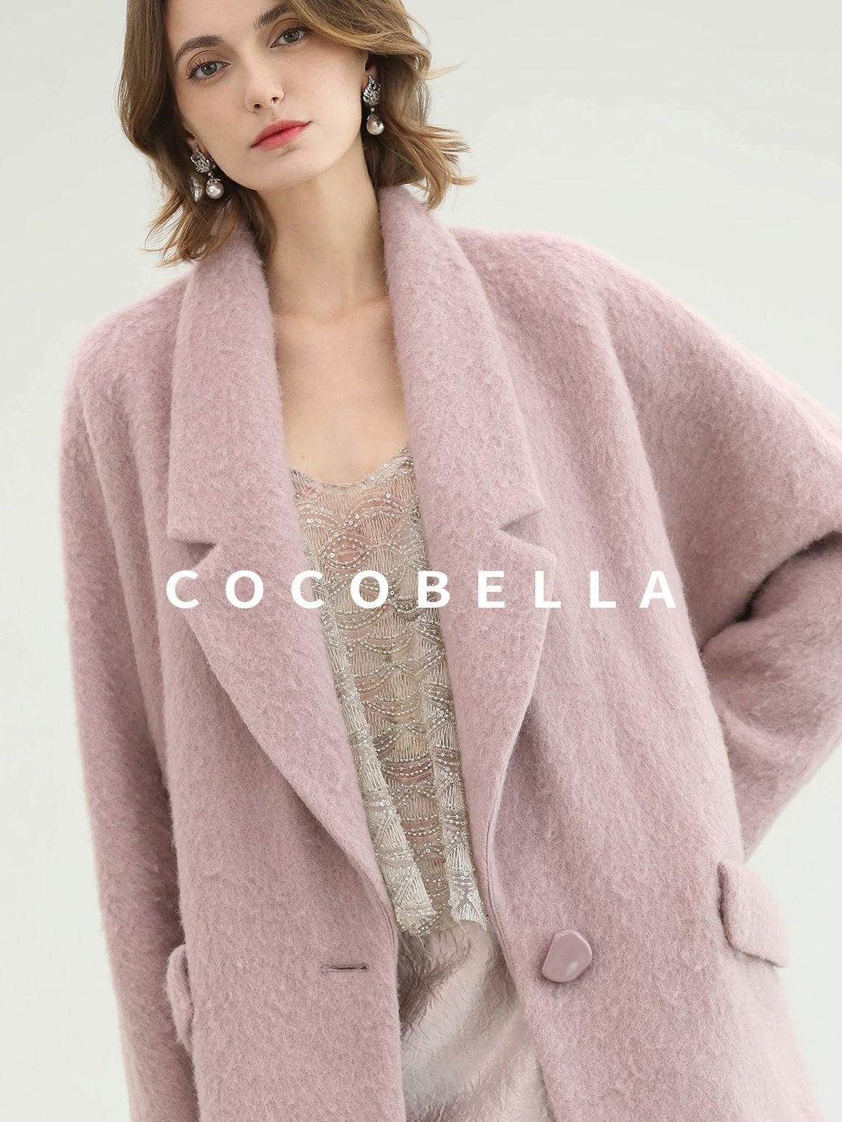 COCOBELLA Thick Wool Blend Mid Length Belted Single Button Loose Tailored Office Coats