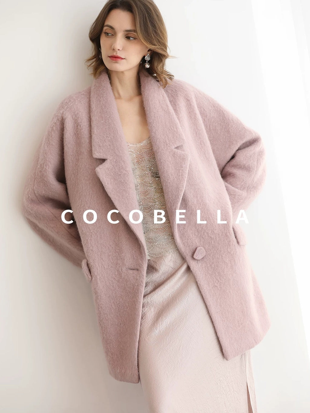 COCOBELLA Thick Wool Blend Mid Length Belted Single Button Loose Tailored Office Coats