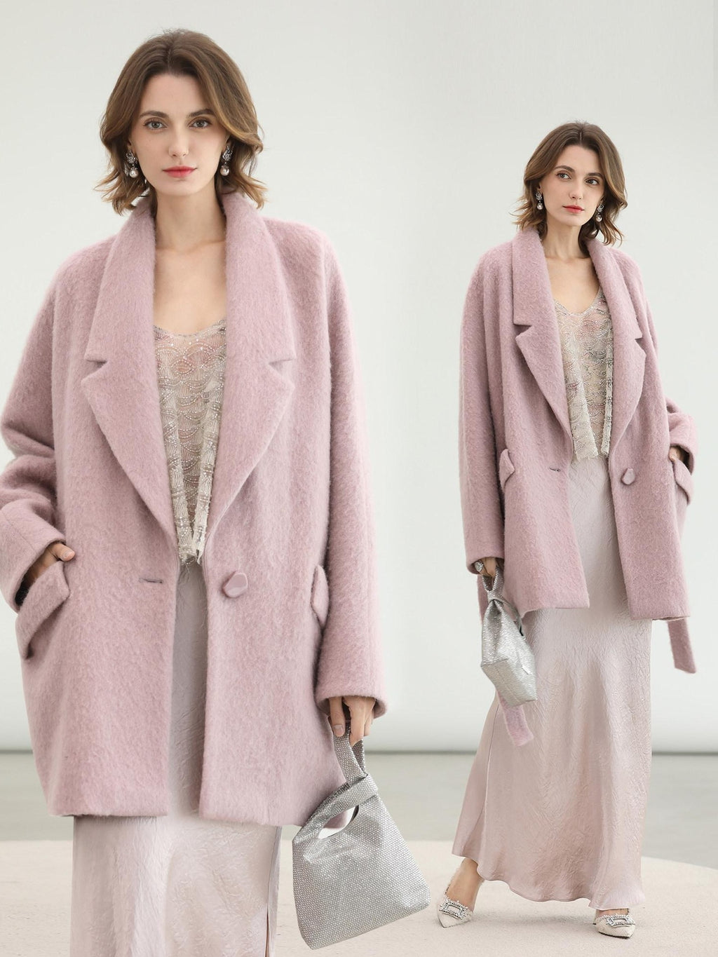 COCOBELLA Thick Wool Blend Mid Length Belted Single Button Loose Tailored Office Coats