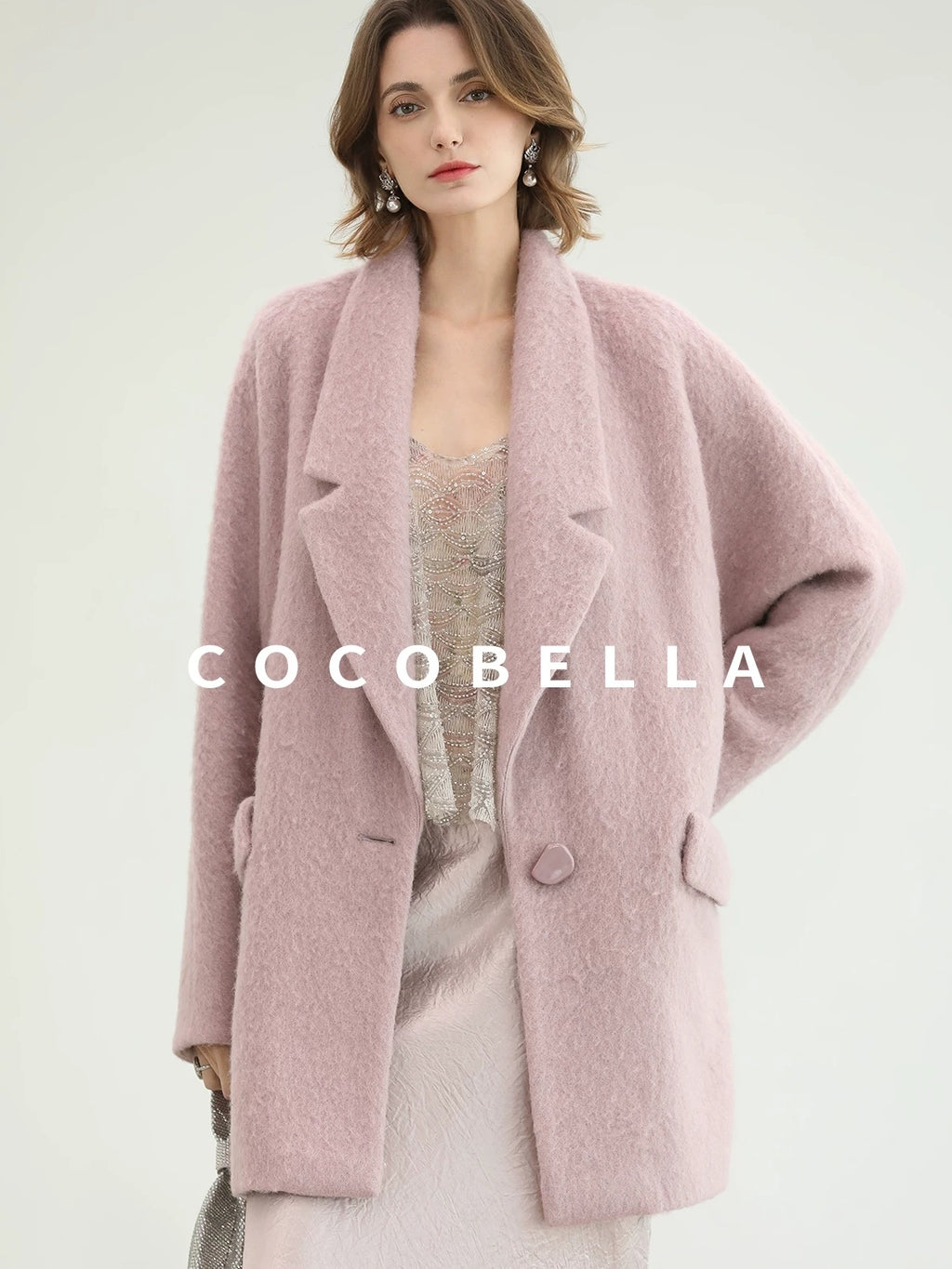 COCOBELLA Thick Wool Blend Mid Length Belted Single Button Loose Tailored Office Coats