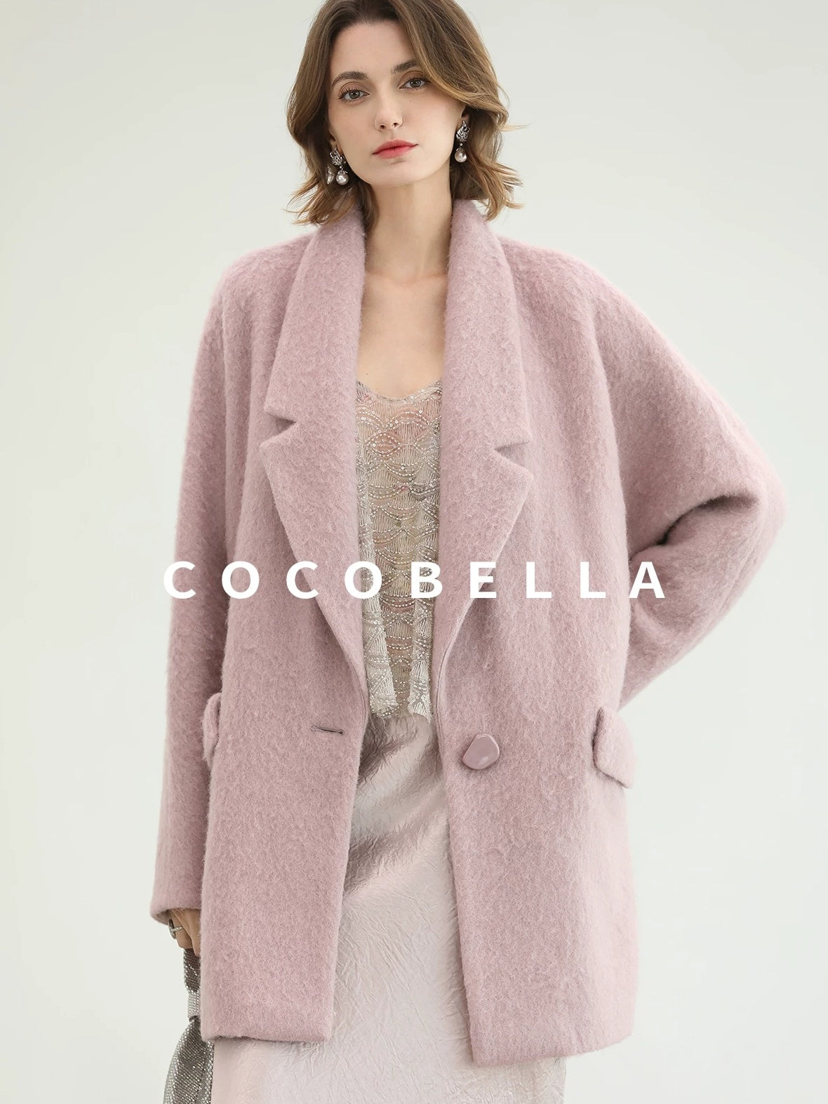 COCOBELLA Thick Wool Blend Mid Length Belted Single Button Loose Tailored Office Coats