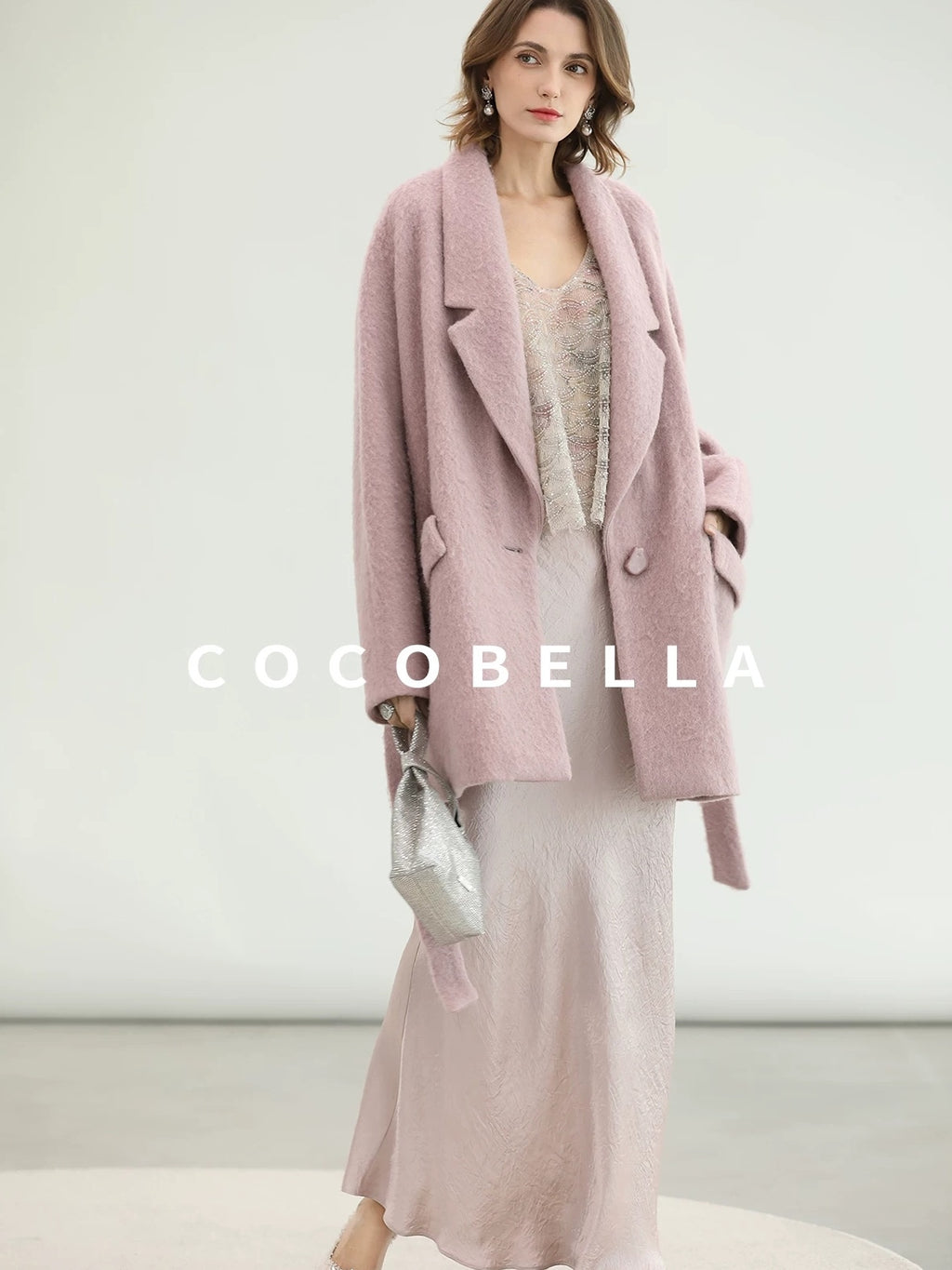 COCOBELLA Thick Wool Blend Mid Length Belted Single Button Loose Tailored Office Coats