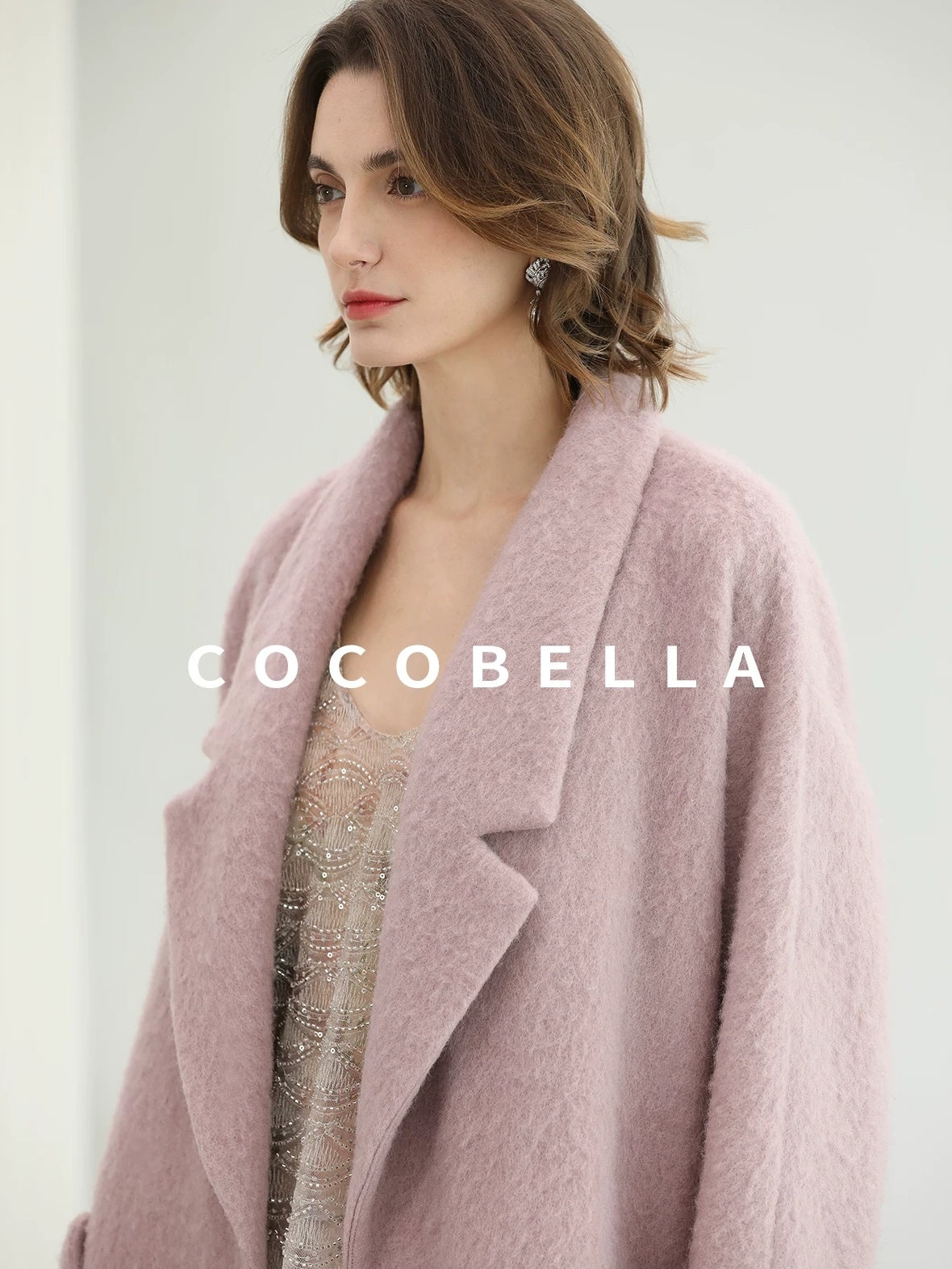 COCOBELLA Thick Wool Blend Mid Length Belted Single Button Loose Tailored Office Coats