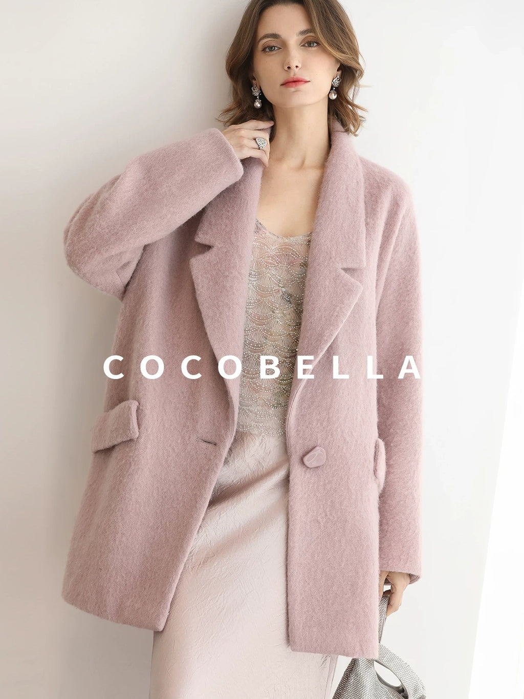 COCOBELLA Thick Wool Blend Mid Length Belted Single Button Loose Tailored Office Coats