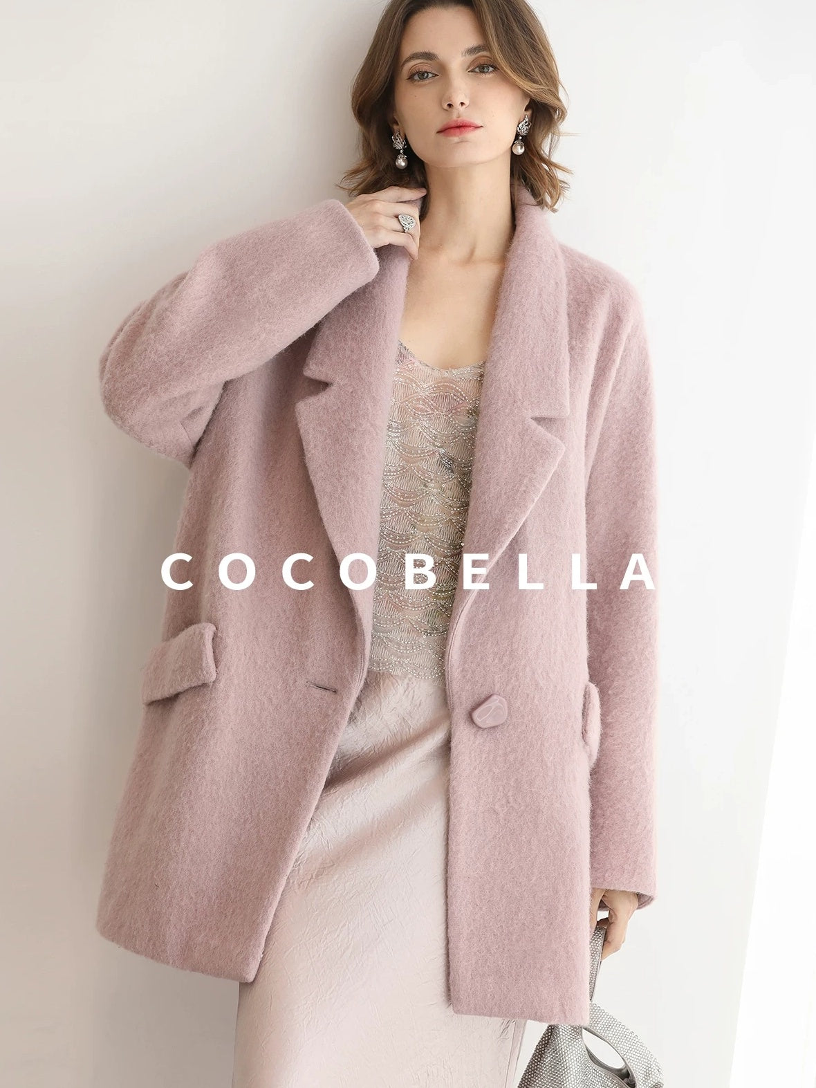 COCOBELLA Thick Wool Blend Mid Length Belted Single Button Loose Tailored Office Coats